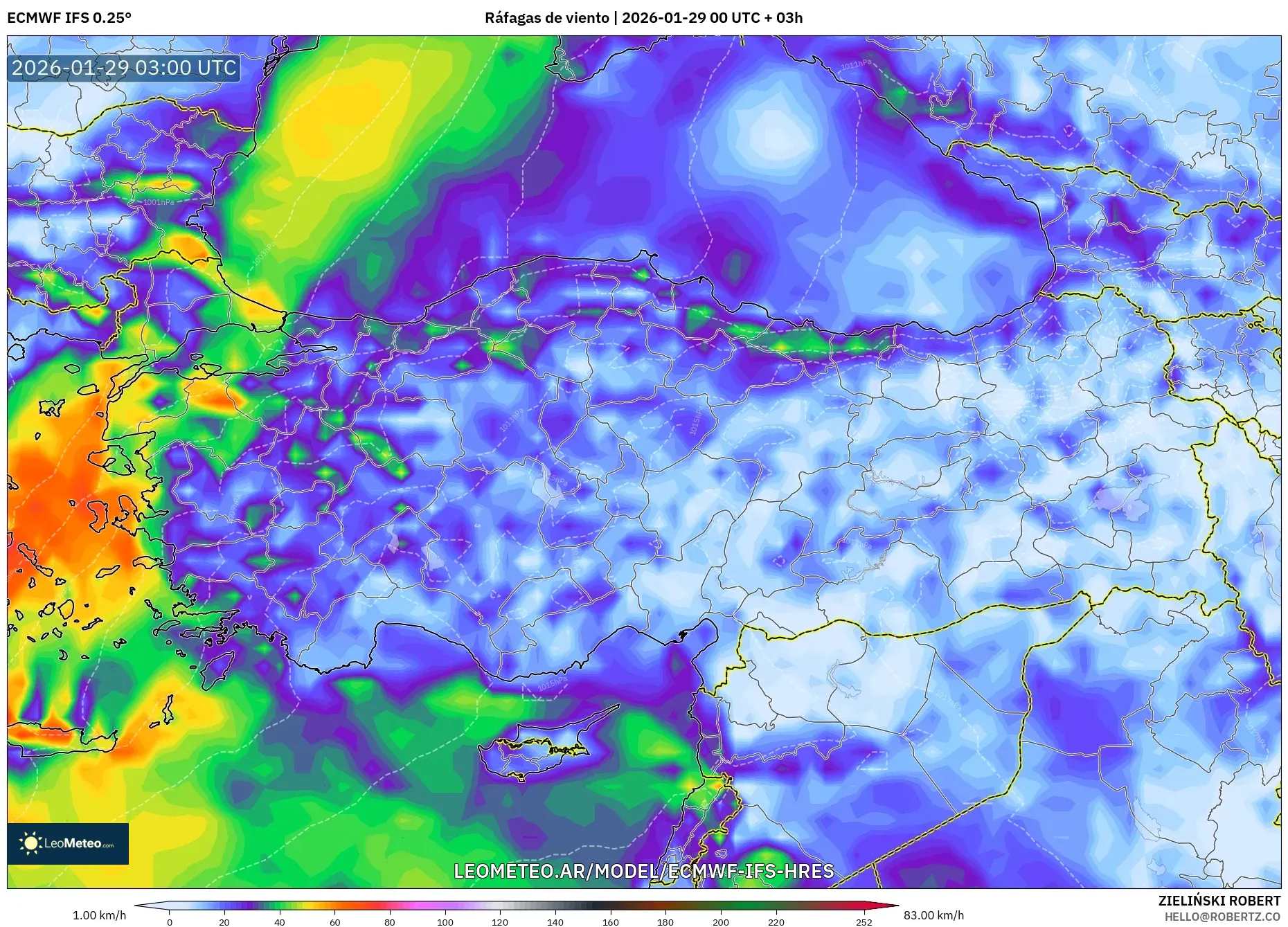 ECMWF IFS 0,25° model - Turquia, Rajadas de vento