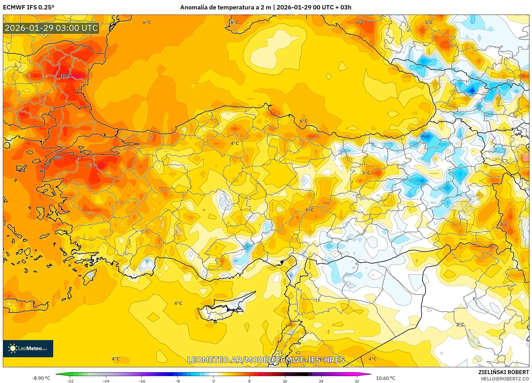 ECMWF IFS 0,25° model - Turquia, Anomalia de temperatura a 2 m