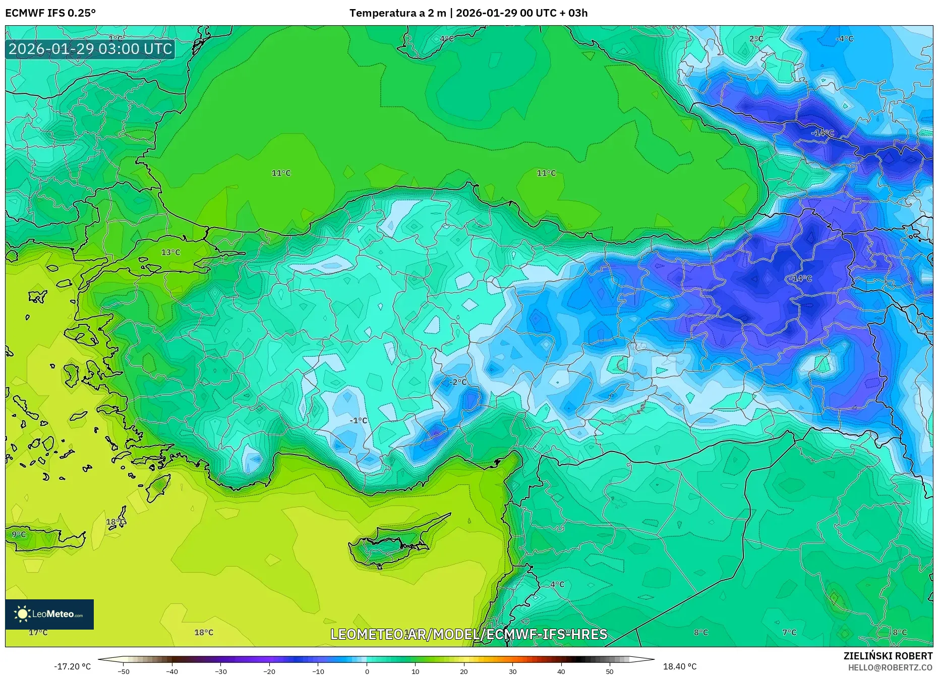 ECMWF IFS 0,25° model - Turquia, Temperatura a 2 m