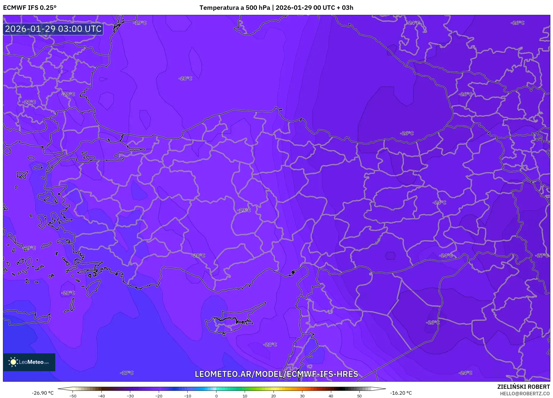 ECMWF IFS 0,25° model - Turquia, Temperatura a 500 hPa