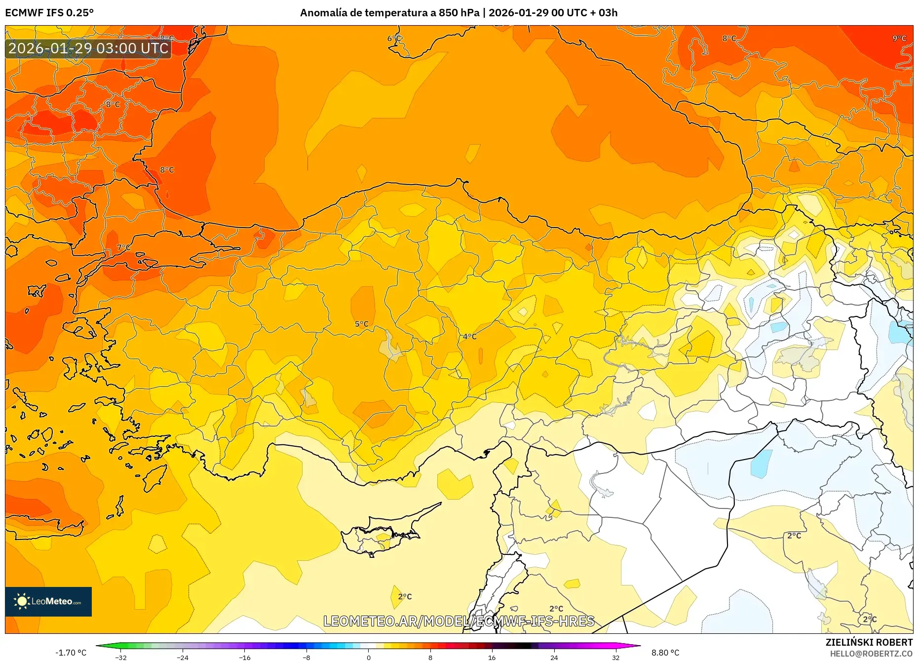 ECMWF IFS 0,25° model - Turquia, Anomalia de temperatura a 850 hPa
