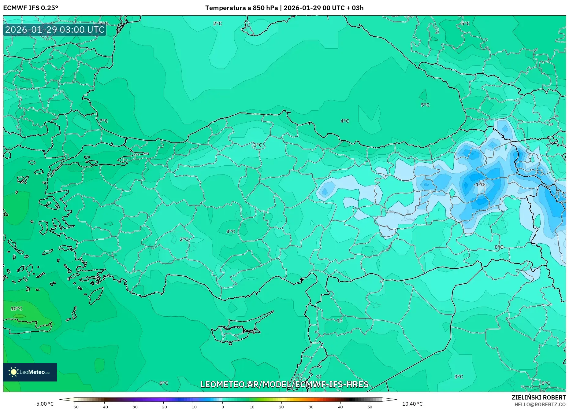 ECMWF IFS 0,25° model - Turquia, Temperatura a 850 hPa