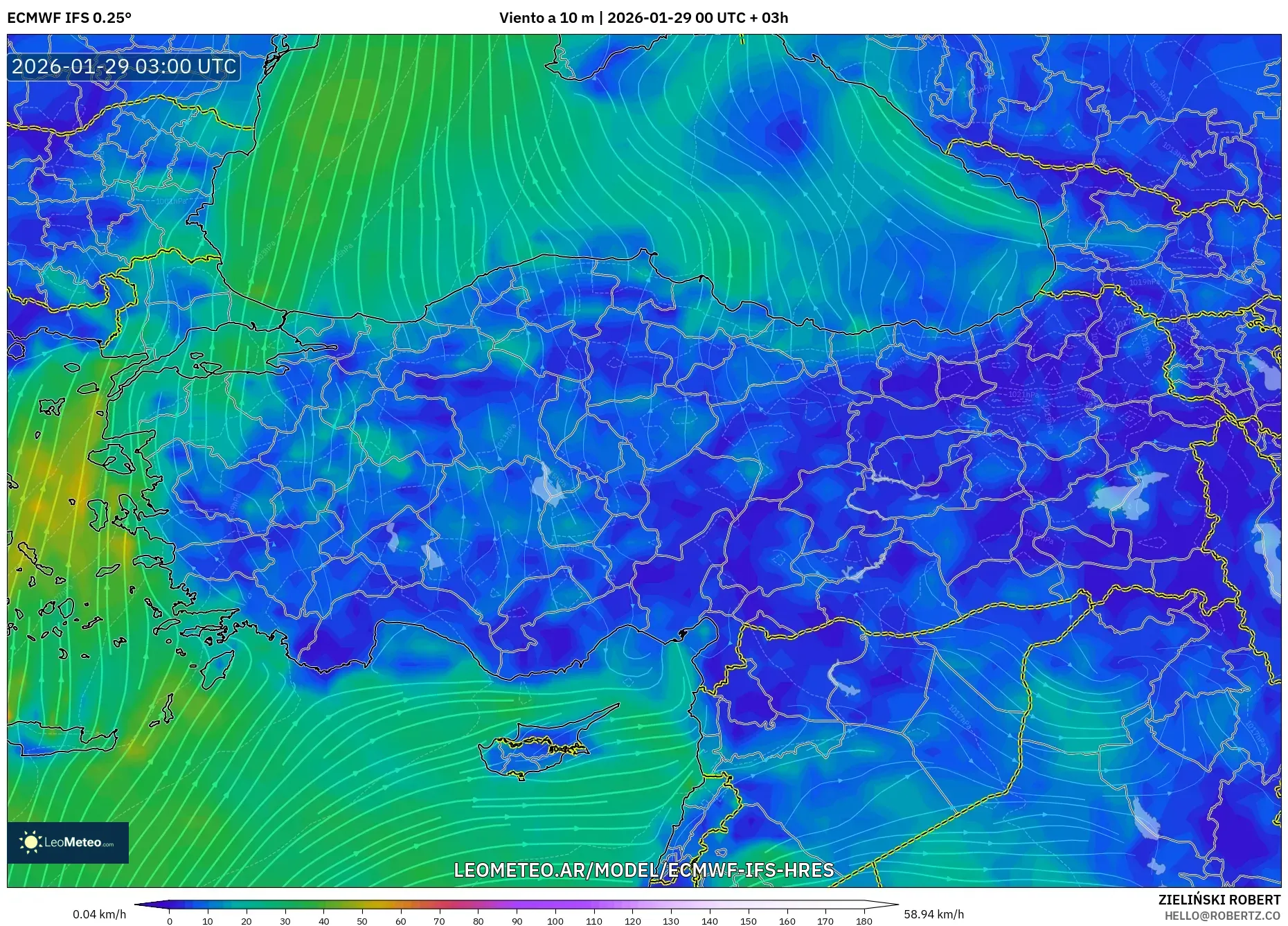 ECMWF IFS 0,25° model - Turquia, Vento a 10 m