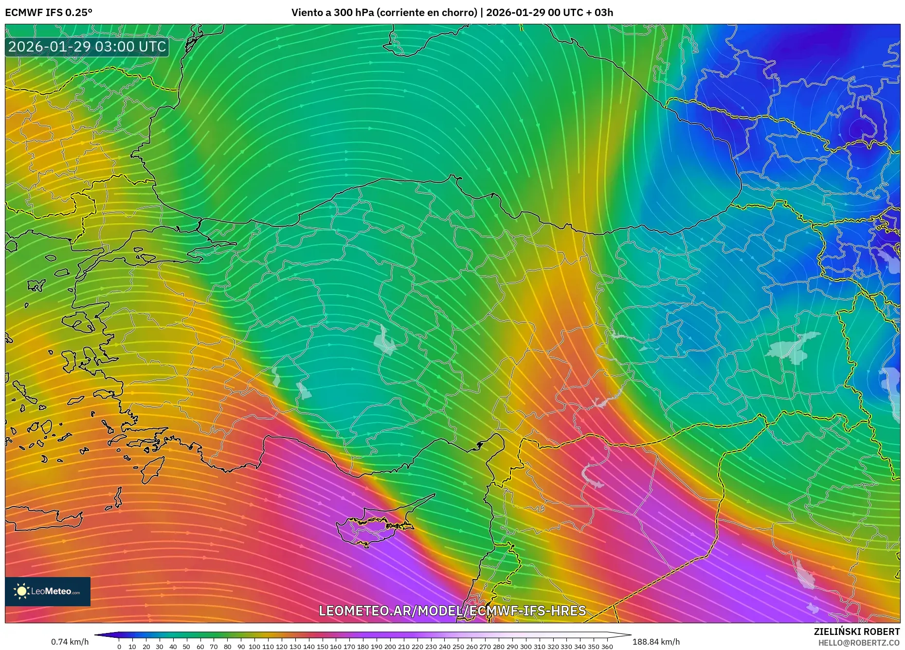 ECMWF IFS 0,25° model - Turquia, Vento a 300 hPa (corrente em jato)