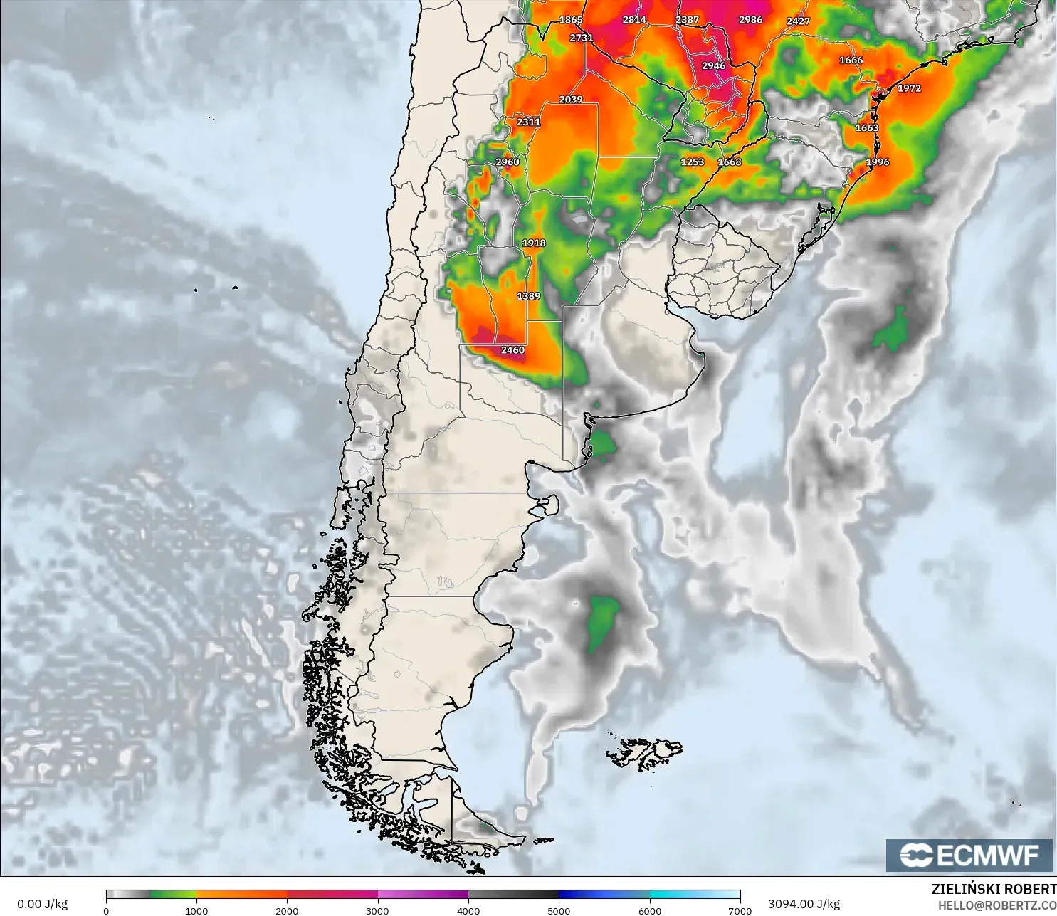 ECMWF IFS 0,25° modelo - Argentina, CAPE