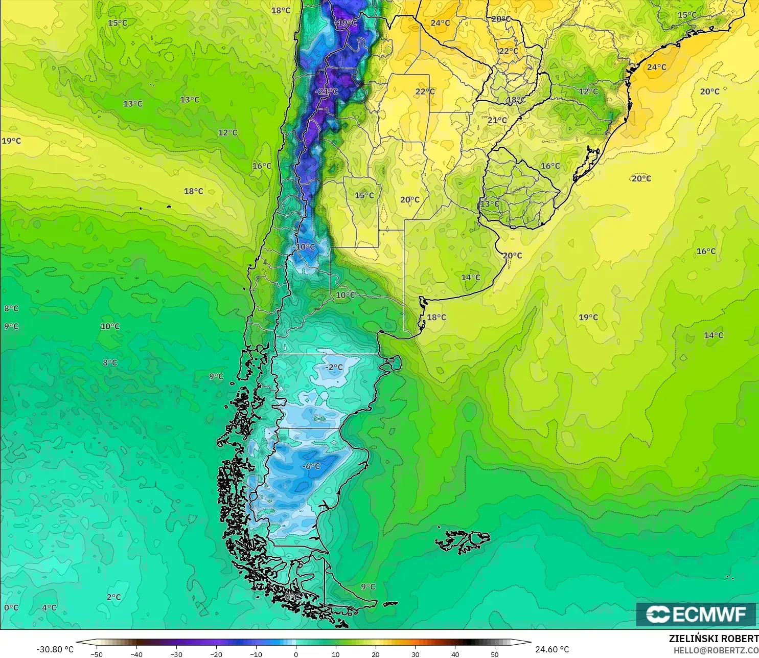 ECMWF IFS 0,25° modelo - Argentina, Ponto de orvalho a 2 m