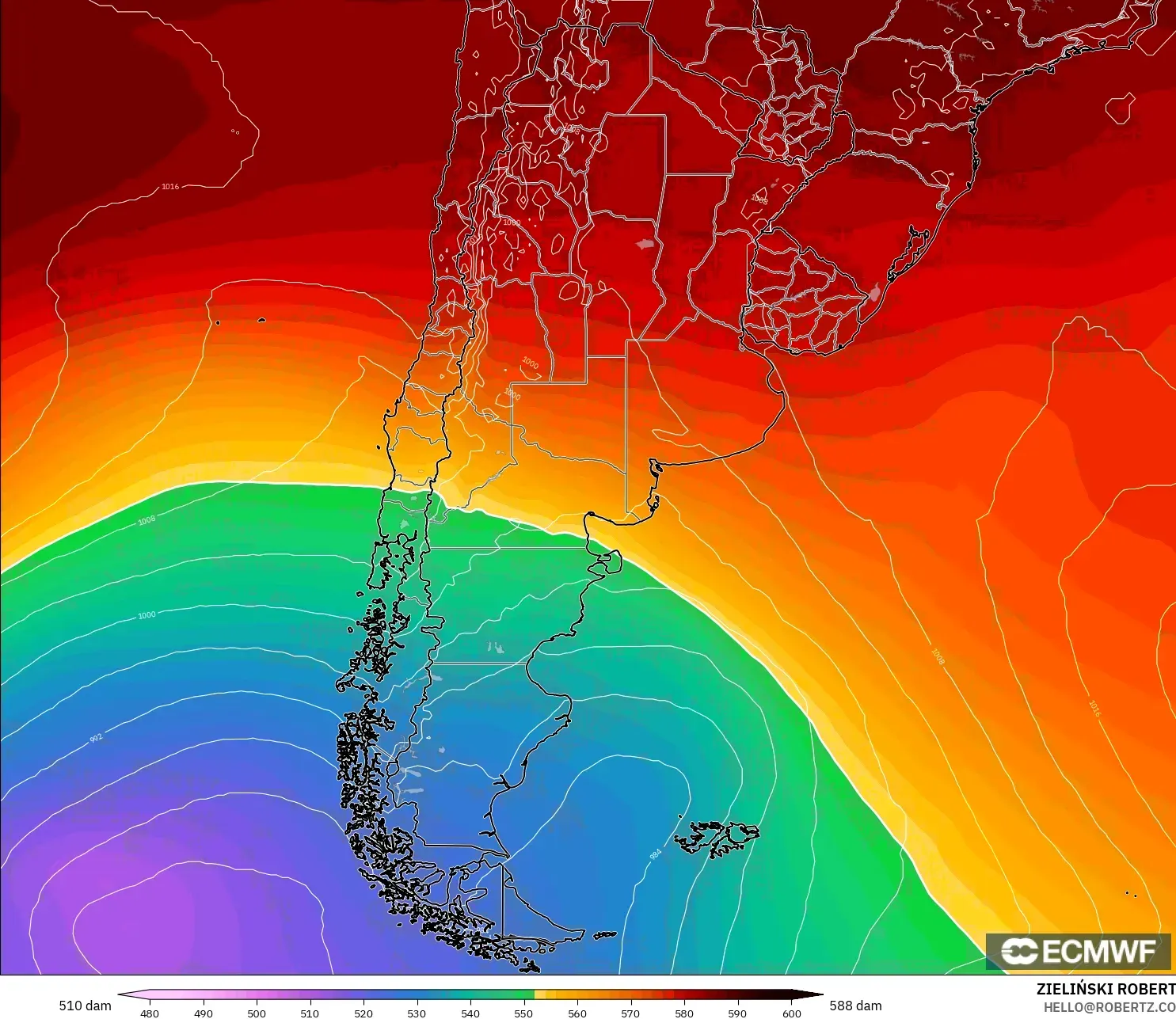 ECMWF IFS 0,25° modelo - Argentina, Altura geopotencial a 500 hPa