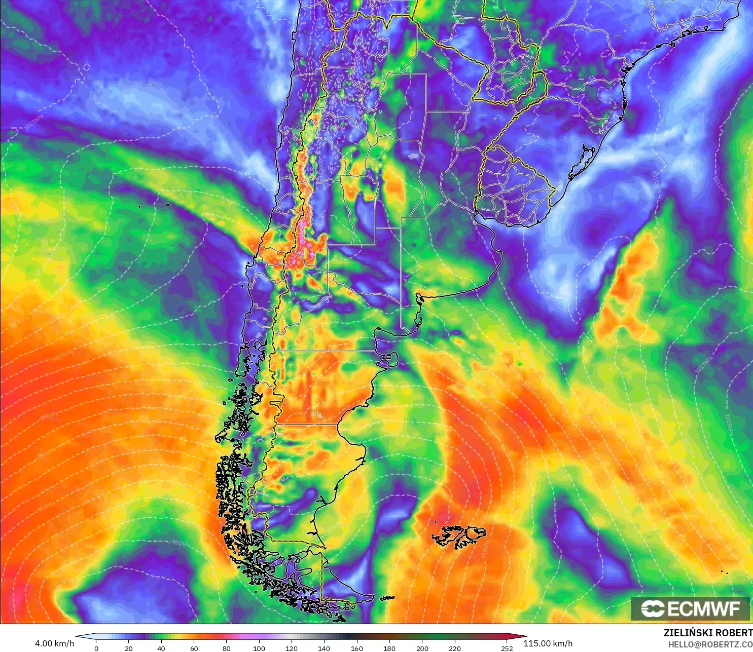 ECMWF IFS 0,25° modelo - Argentina, Rajadas de Vento Máximas
