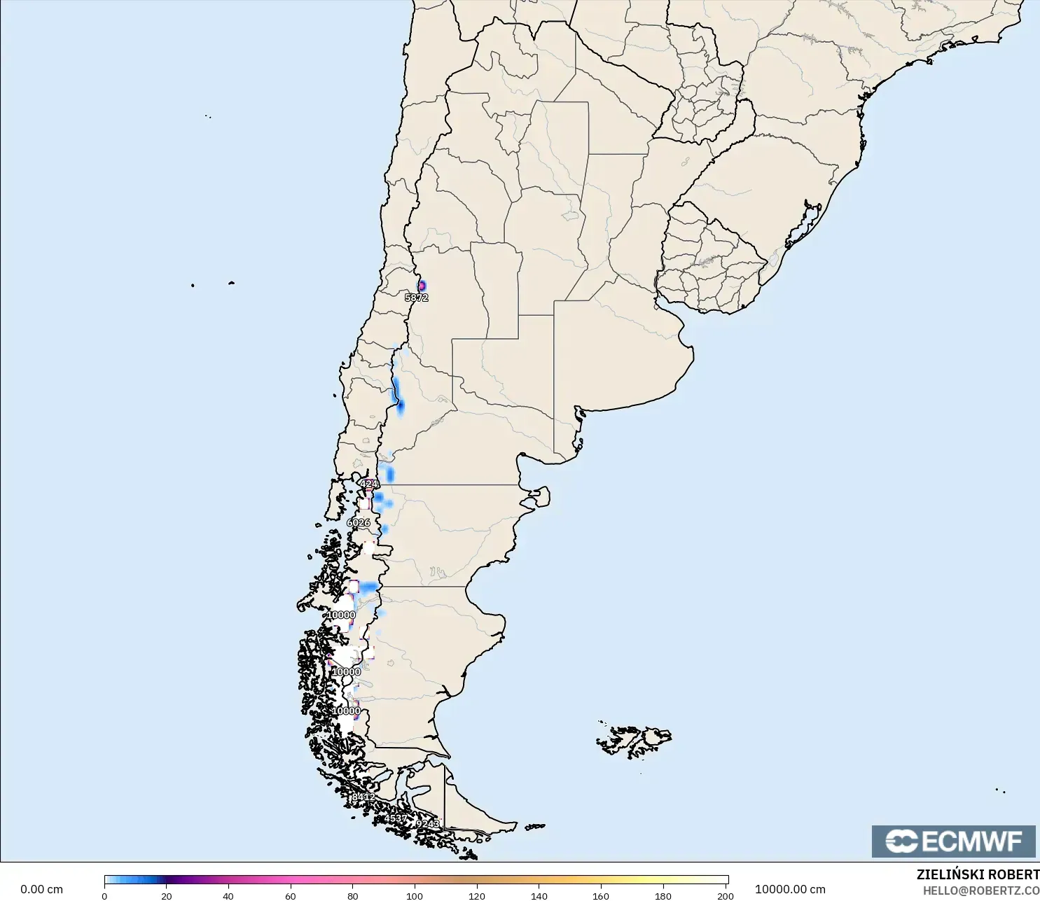 ECMWF IFS 0,25° modelo - Argentina, Profundidade da neve