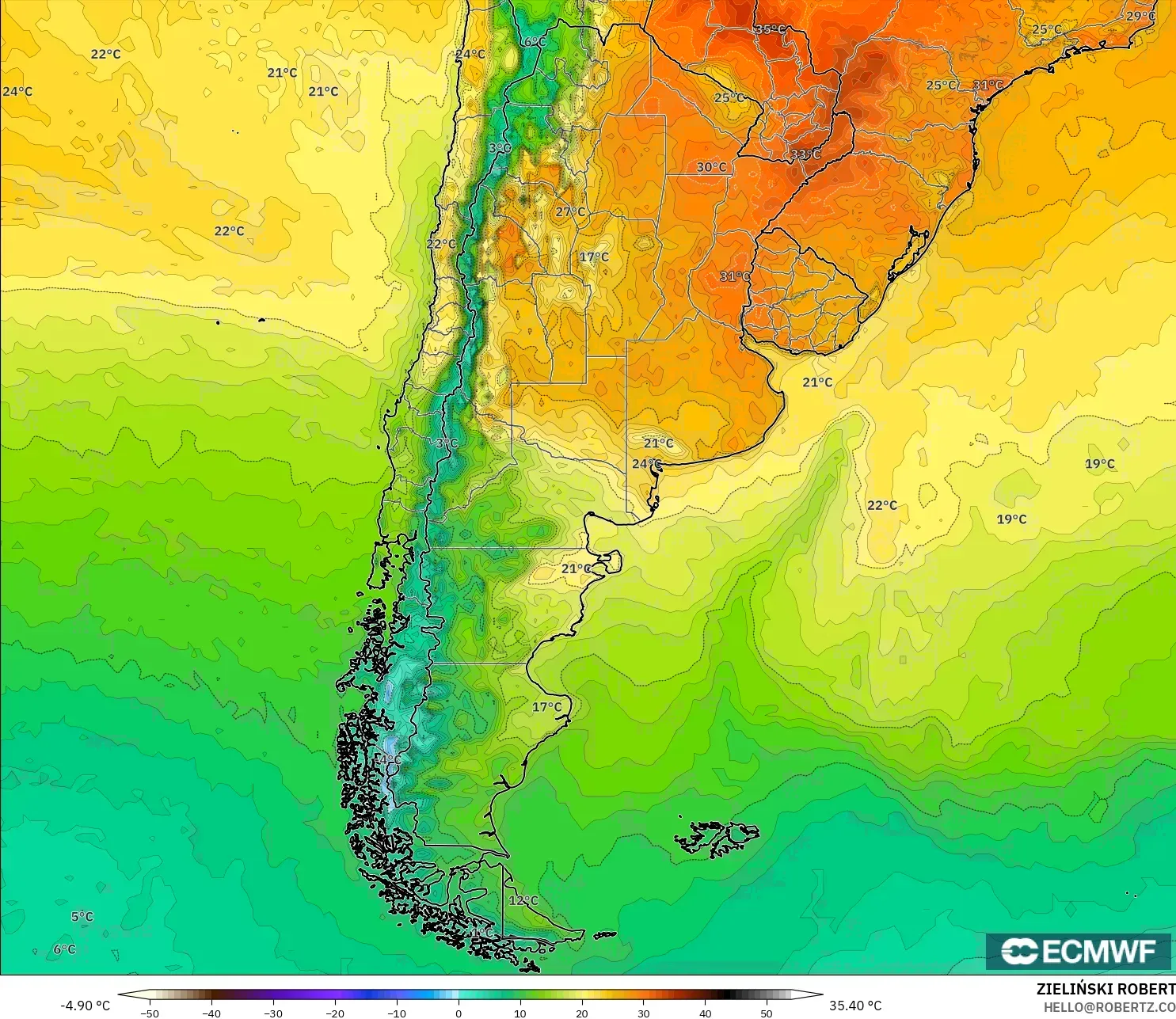 ECMWF IFS 0,25° modelo - Argentina, Temperatura a 2 m