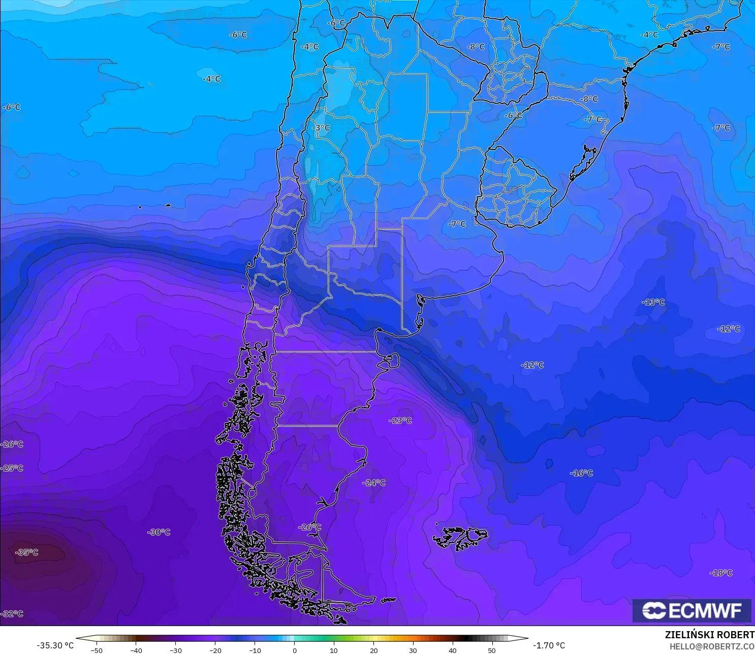 ECMWF IFS 0,25° modelo - Argentina, Temperatura a 500 hPa