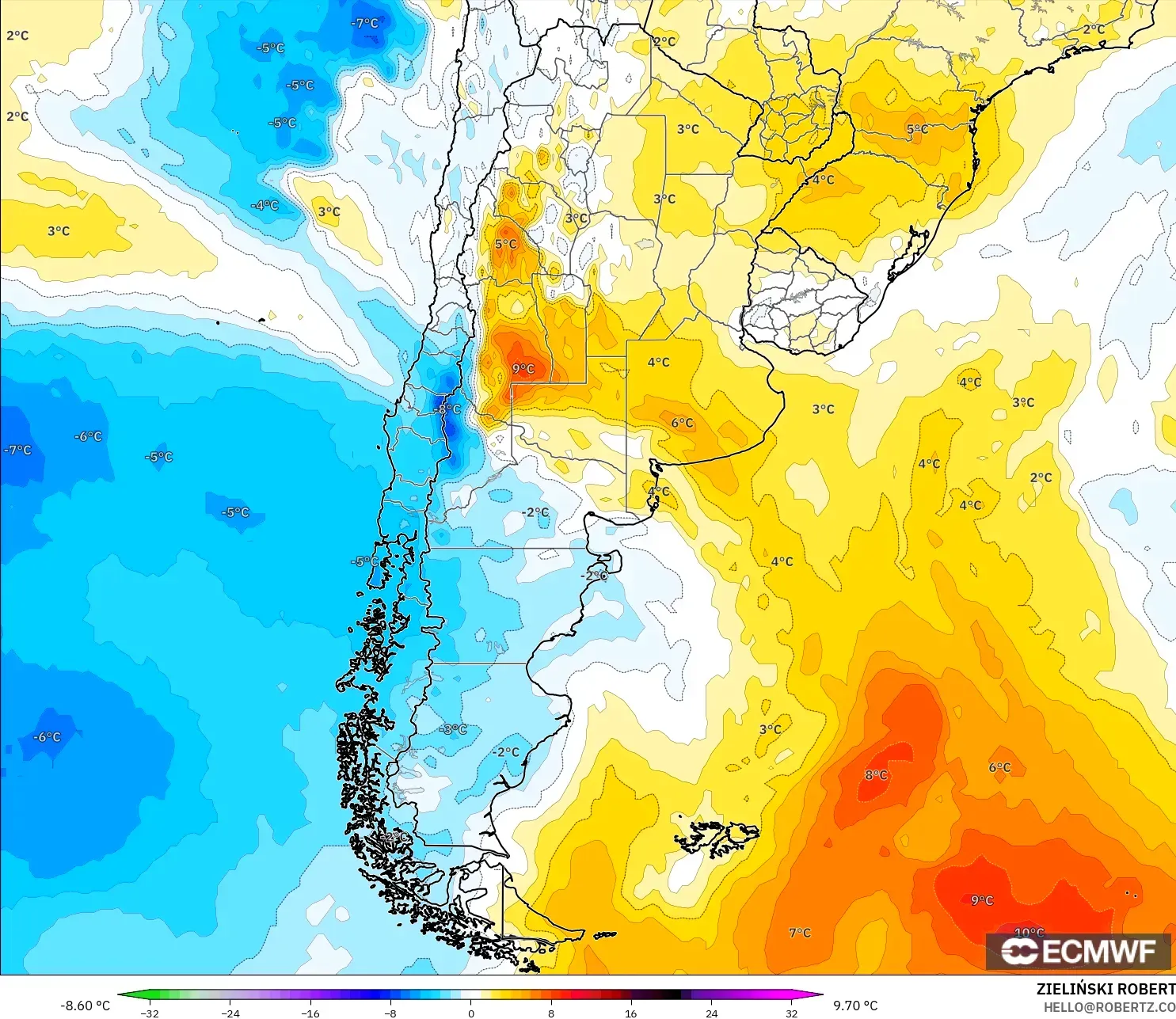 ECMWF IFS 0,25° modelo - Argentina, Anomalia de temperatura a 850 hPa