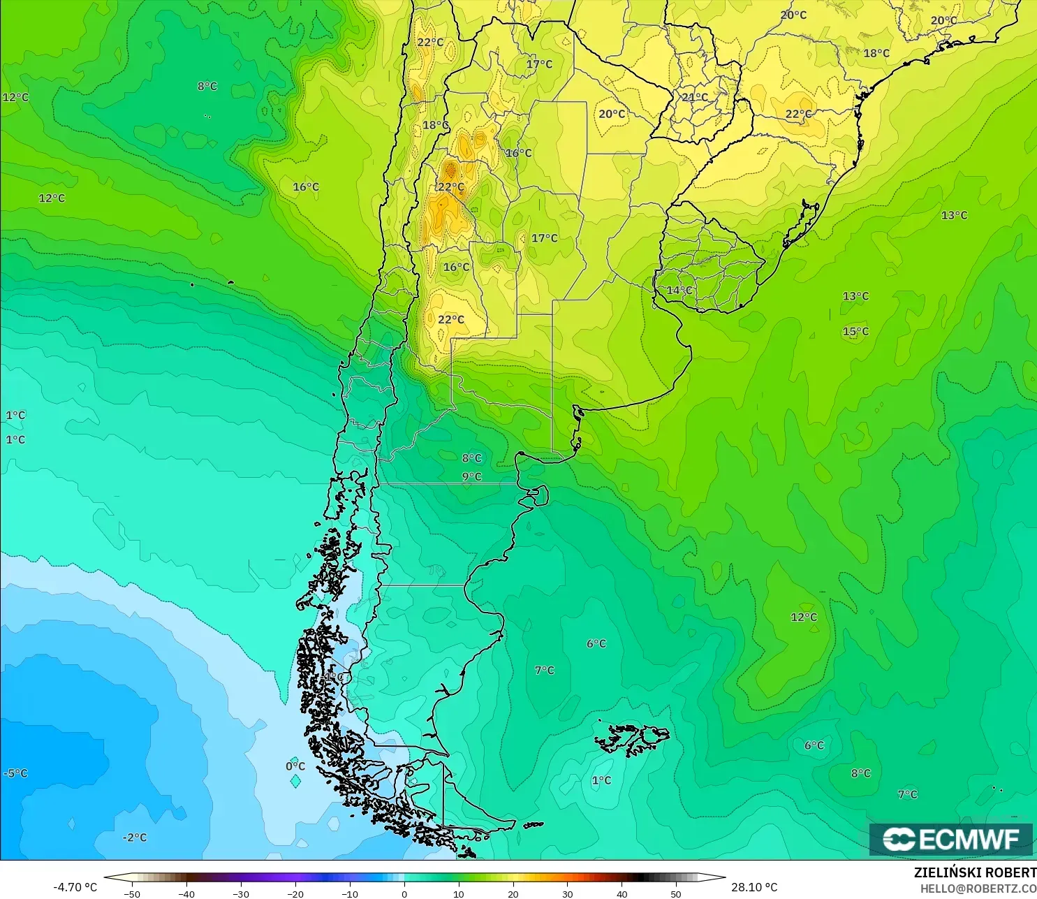 ECMWF IFS 0,25° modelo - Argentina, Temperatura a 850 hPa