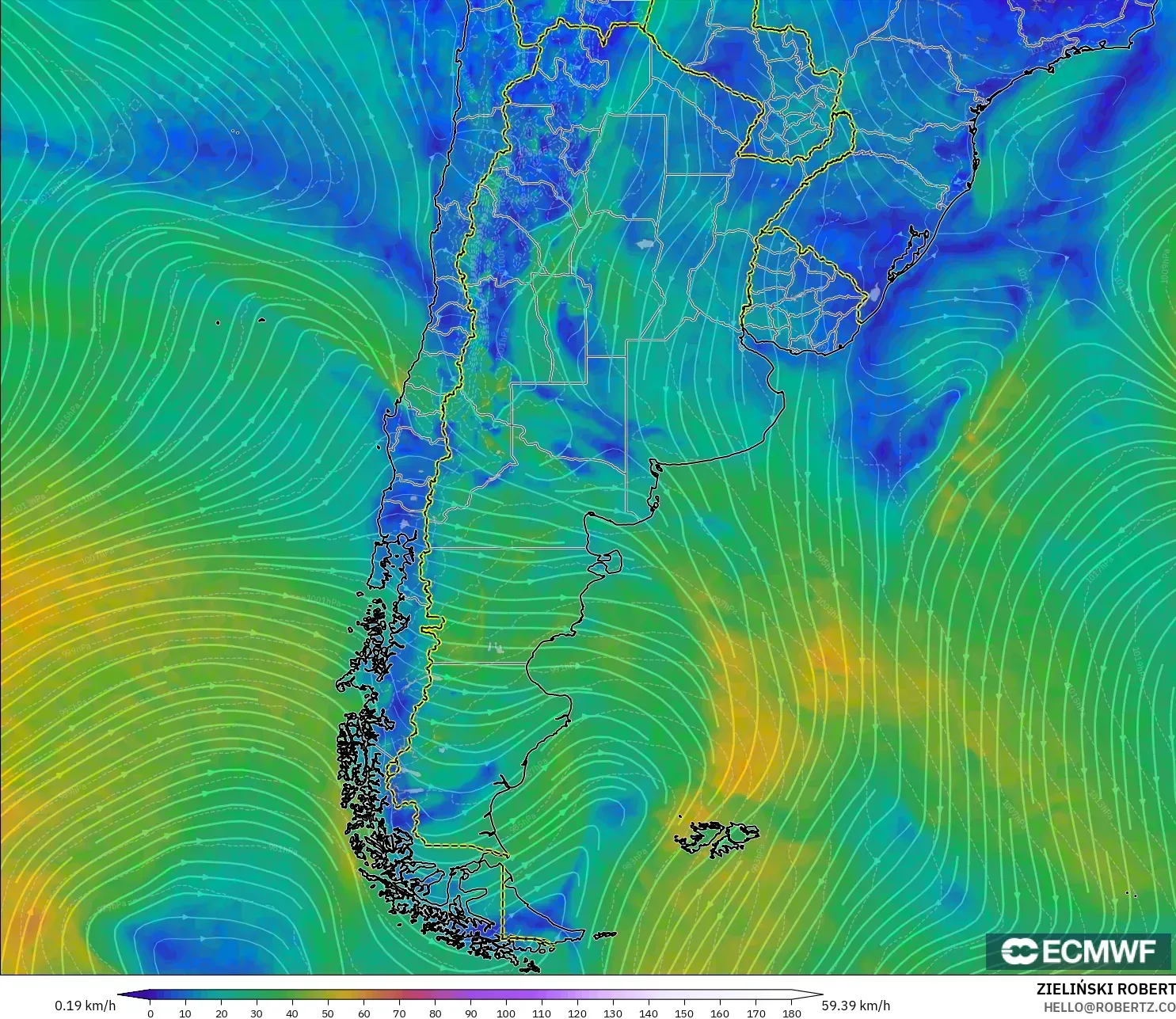 ECMWF IFS 0,25° modelo - Argentina, Vento a 10 m