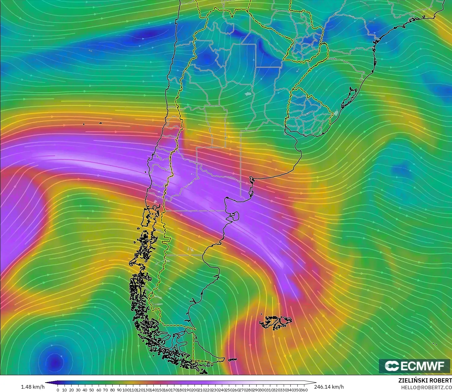 ECMWF IFS 0,25° modelo - Argentina, Vento a 300 hPa (corrente em jato)