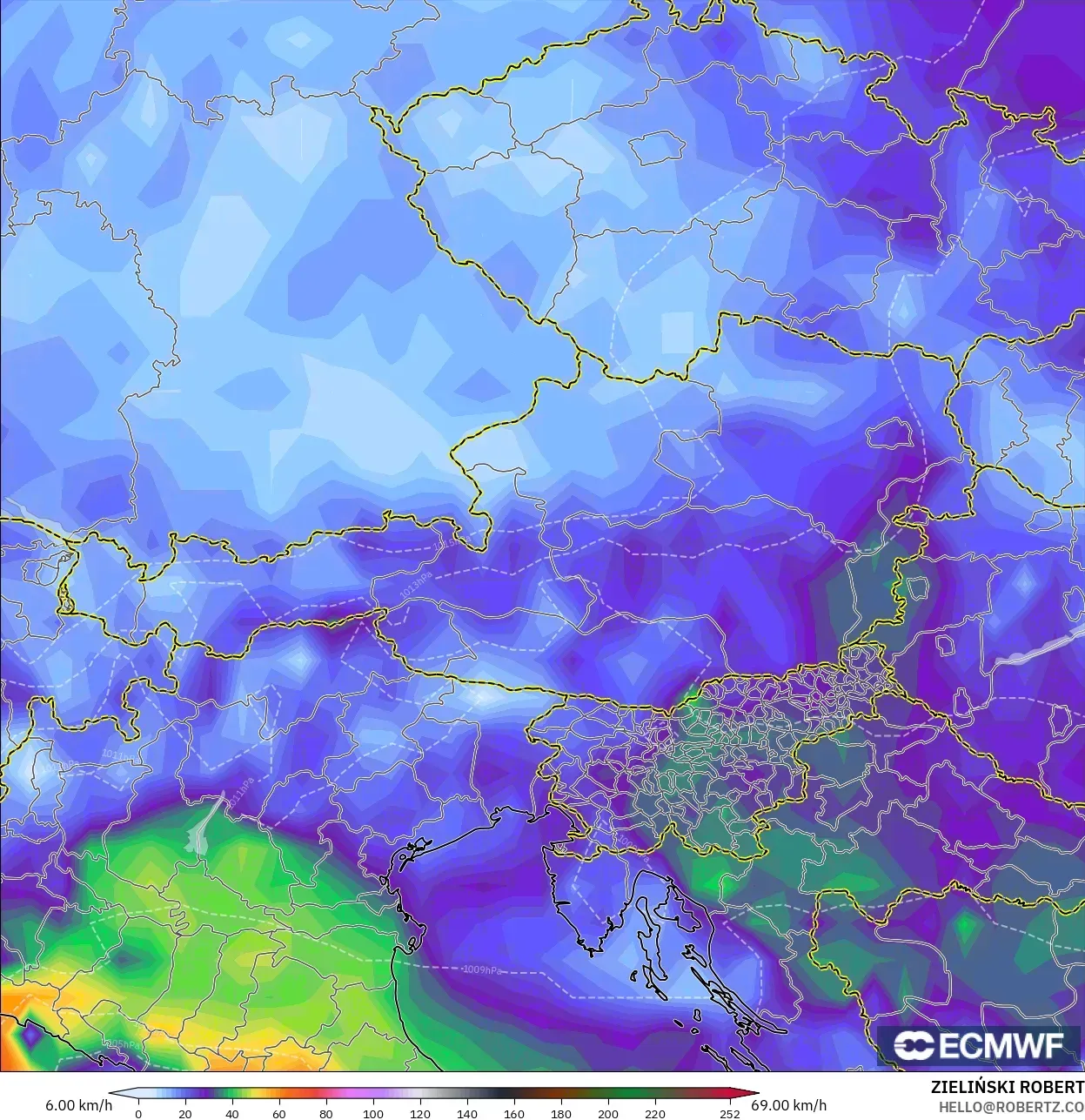 ECMWF IFS 0,25° modelo - Áustria, Rajadas de vento