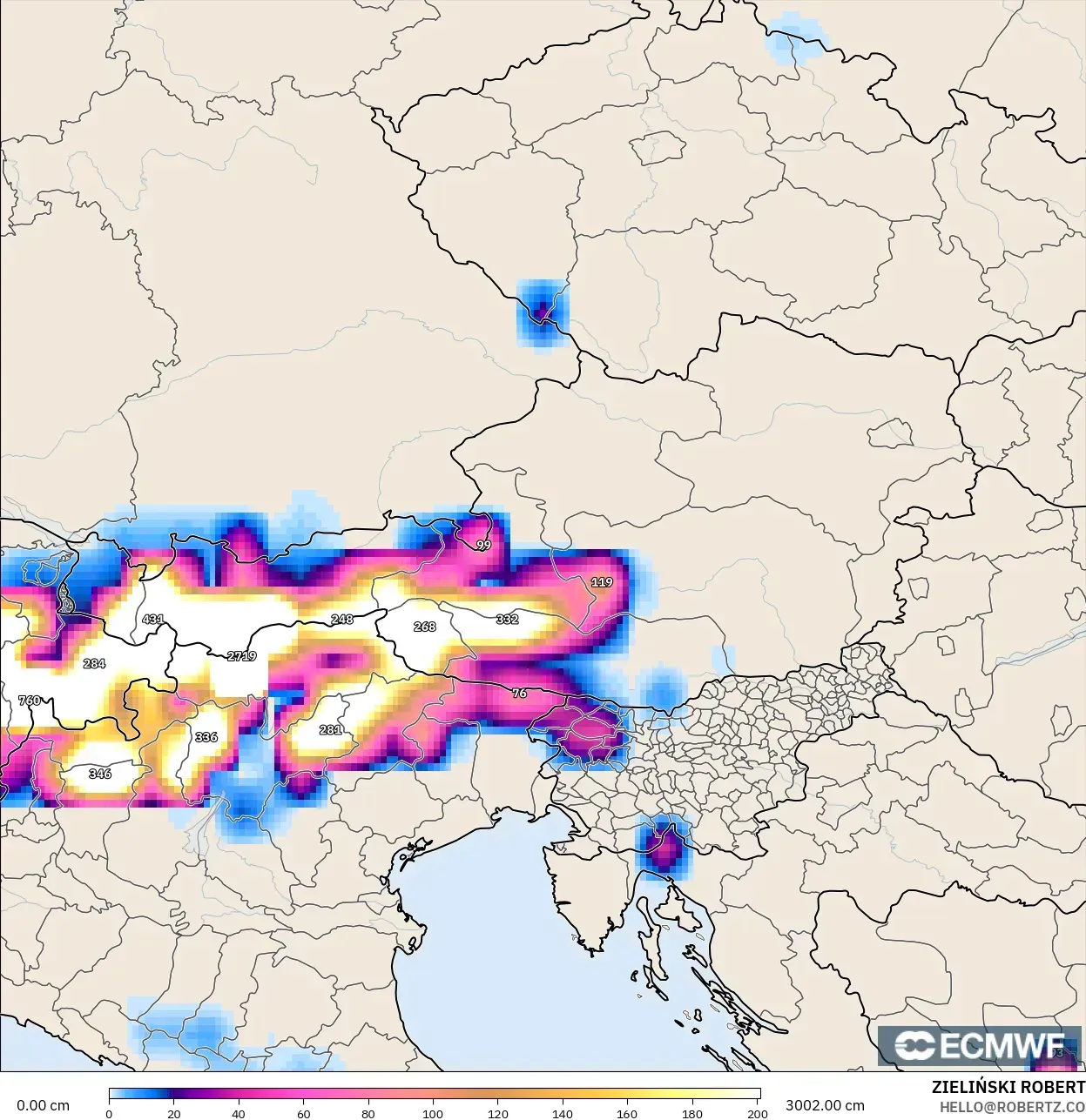 ECMWF IFS 0,25° modelo - Áustria, Profundidade da neve