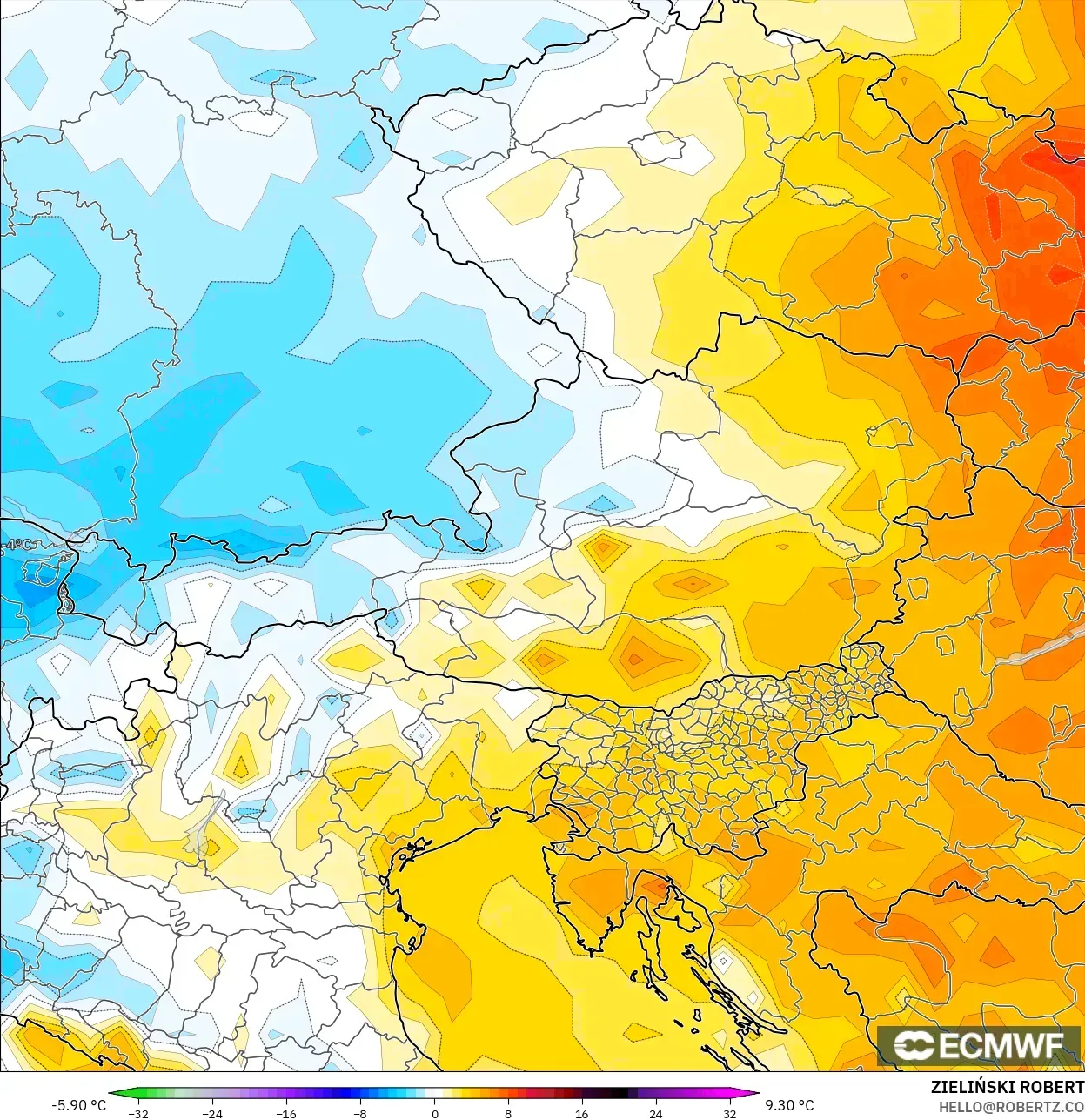 ECMWF IFS 0,25° modelo - Áustria, Anomalia de temperatura a 2 m