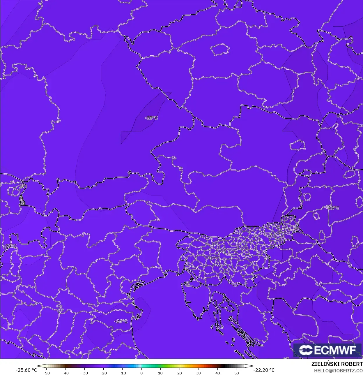 ECMWF IFS 0,25° modelo - Áustria, Temperatura a 500 hPa