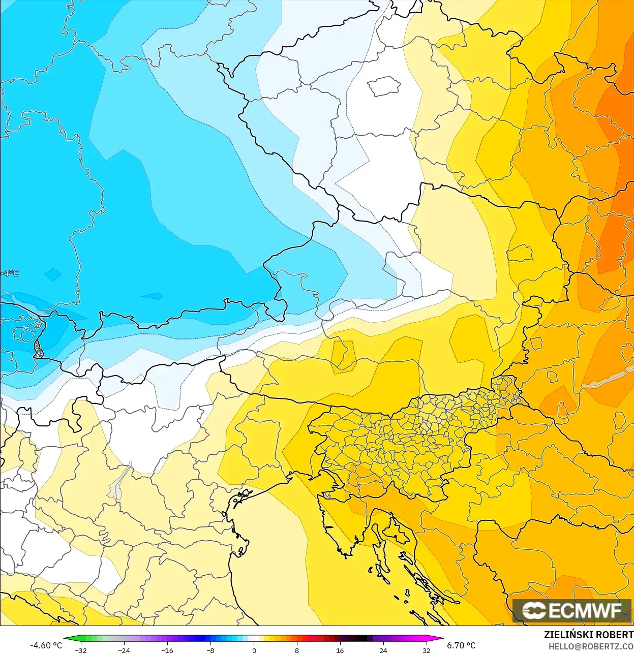 ECMWF IFS 0,25° modelo - Áustria, Anomalia de temperatura a 850 hPa