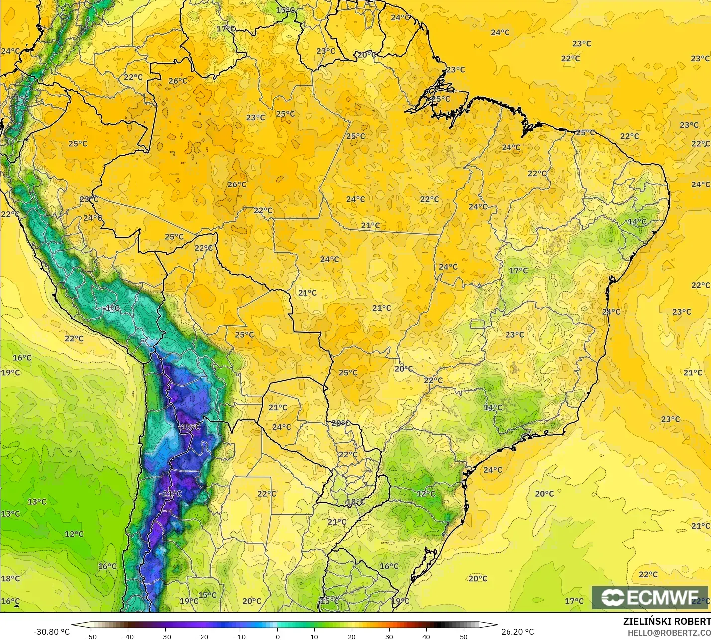 ECMWF IFS 0,25° modelo - Brasil, Ponto de orvalho a 2 m
