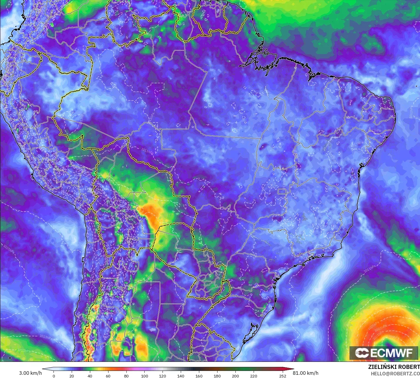 ECMWF IFS 0,25° modelo - Brasil, Rajadas de Vento Máximas
