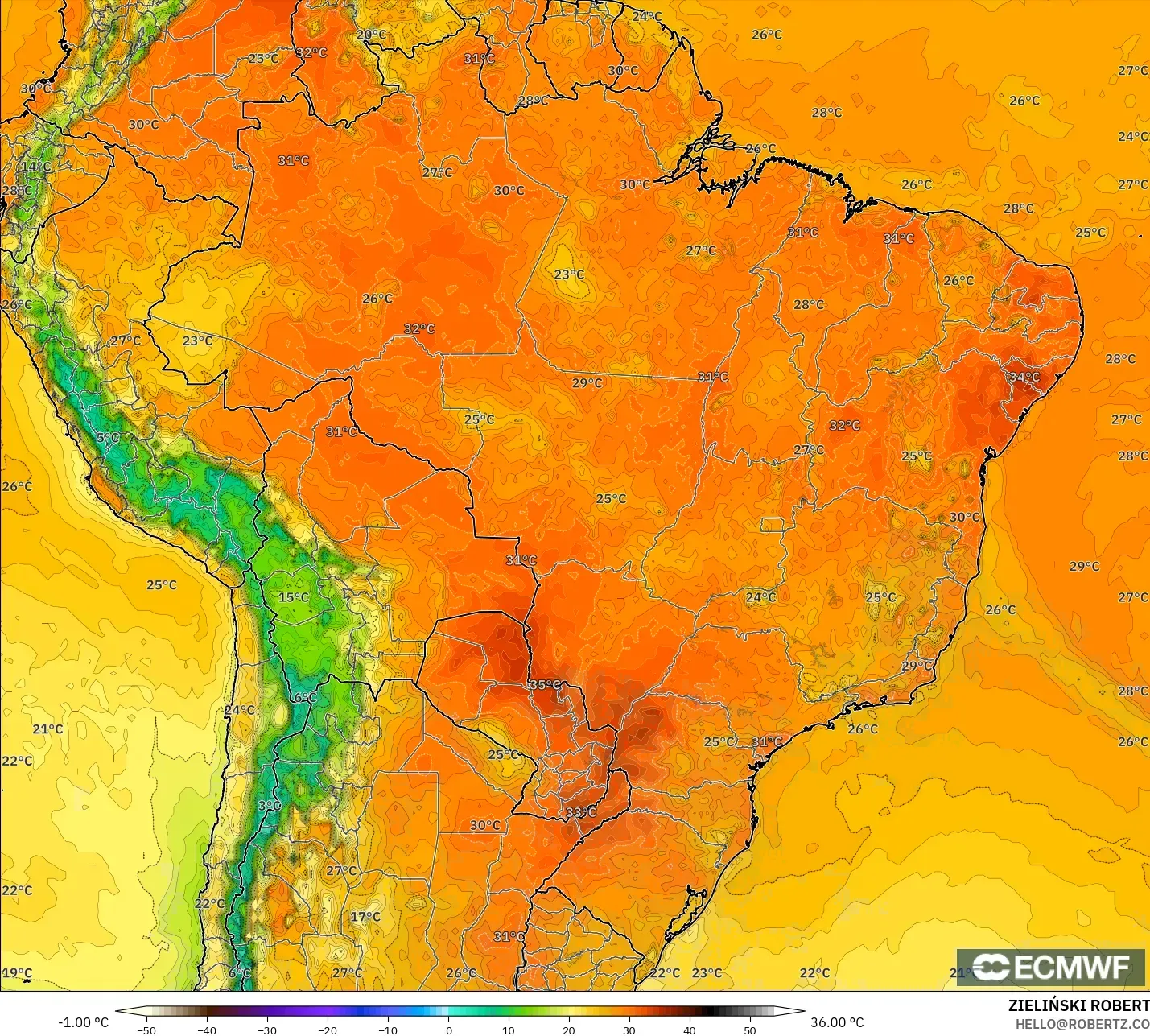ECMWF IFS 0,25° modelo - Brasil, Temperatura a 2 m