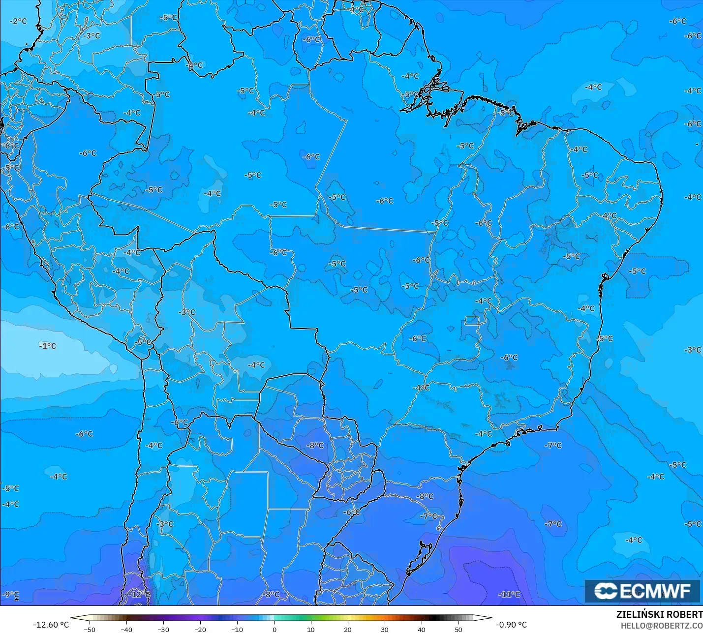 ECMWF IFS 0,25° modelo - Brasil, Temperatura a 500 hPa