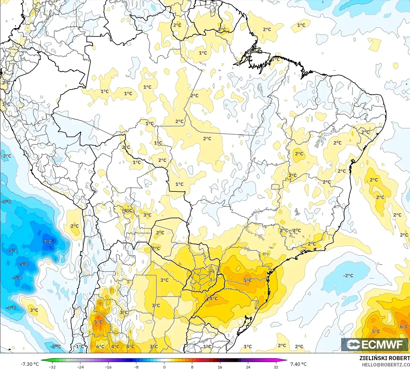 ECMWF IFS 0,25° modelo - Brasil, Anomalia de temperatura a 850 hPa