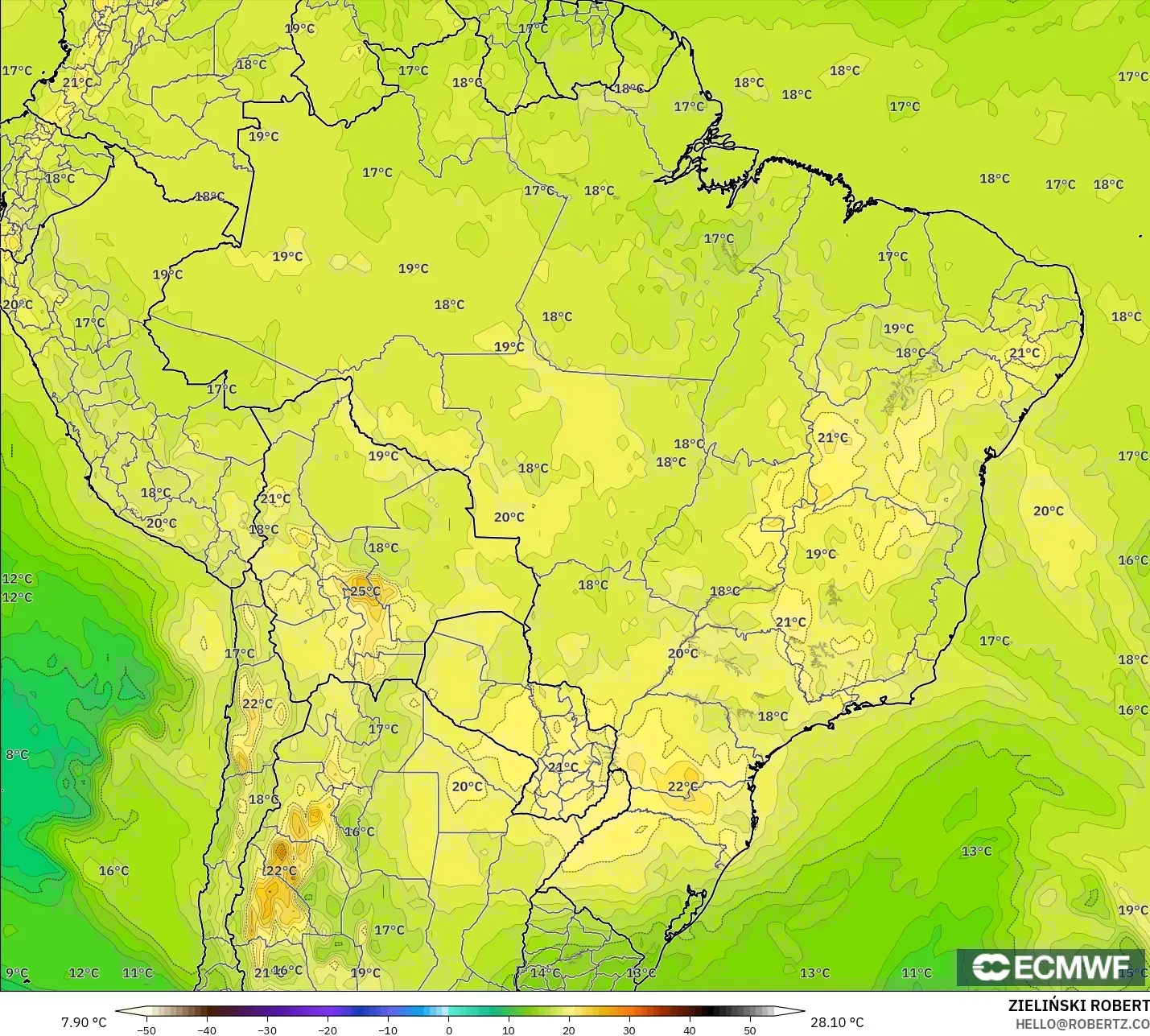 ECMWF IFS 0,25° modelo - Brasil, Temperatura a 850 hPa