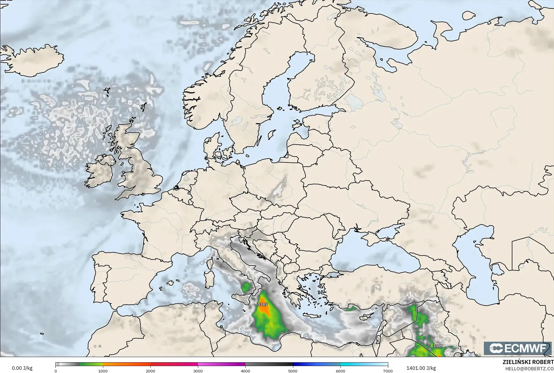 ECMWF IFS 0,25° modelo - Europa, CAPE