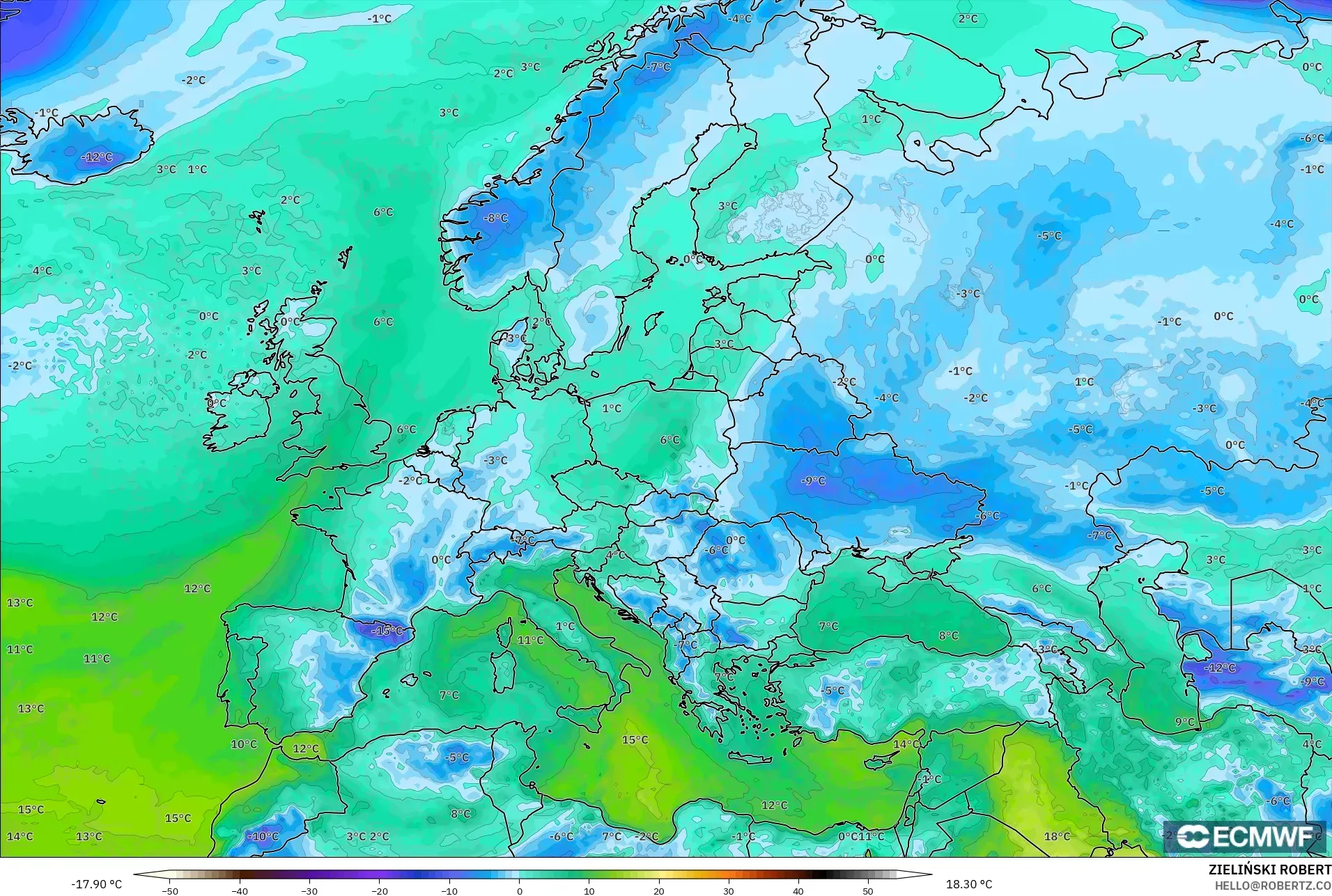 ECMWF IFS 0,25° modelo - Europa, Ponto de orvalho a 2 m