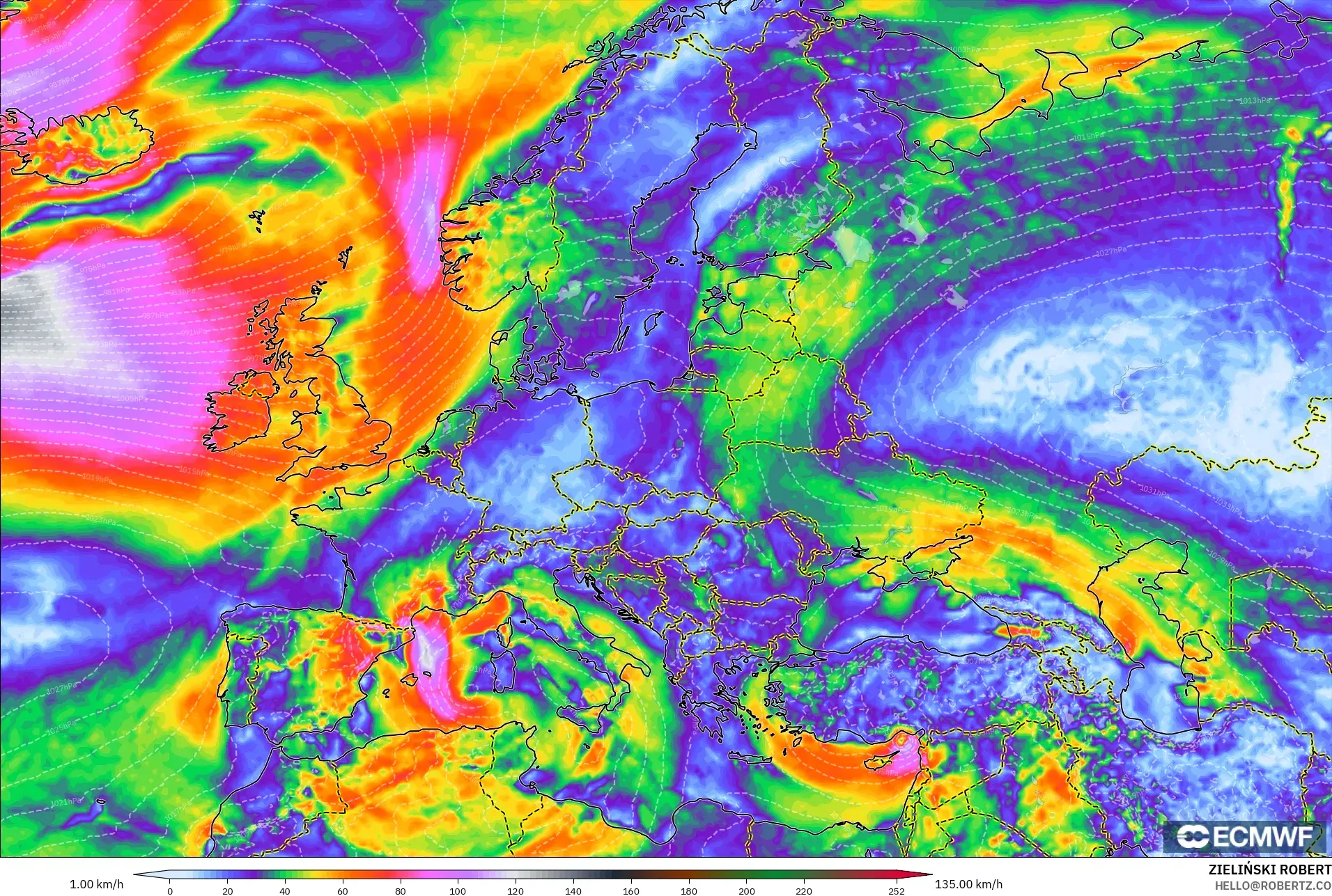 ECMWF IFS 0,25° modelo - Europa, Rajadas de vento