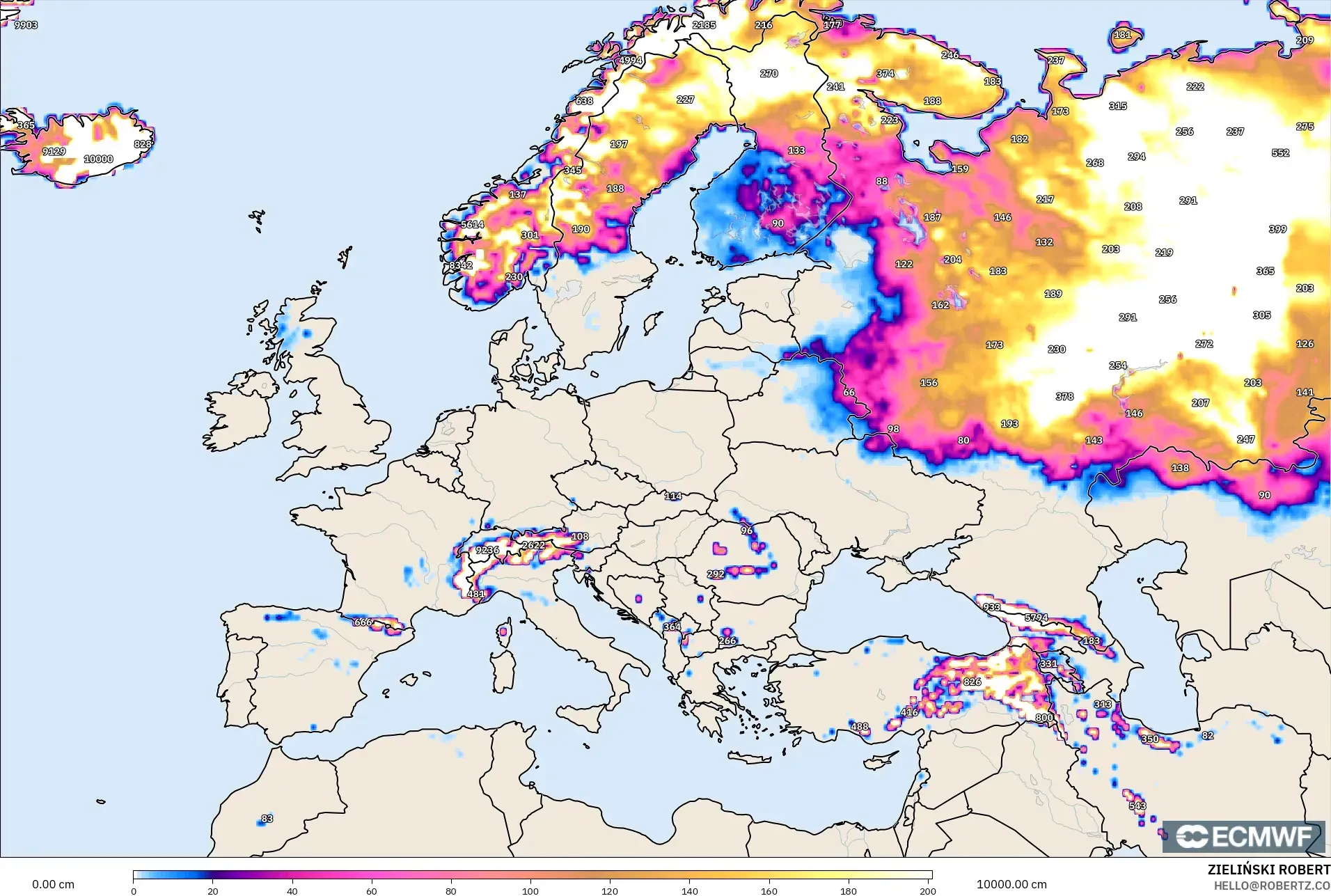 ECMWF IFS 0,25° modelo - Europa, Profundidade da neve