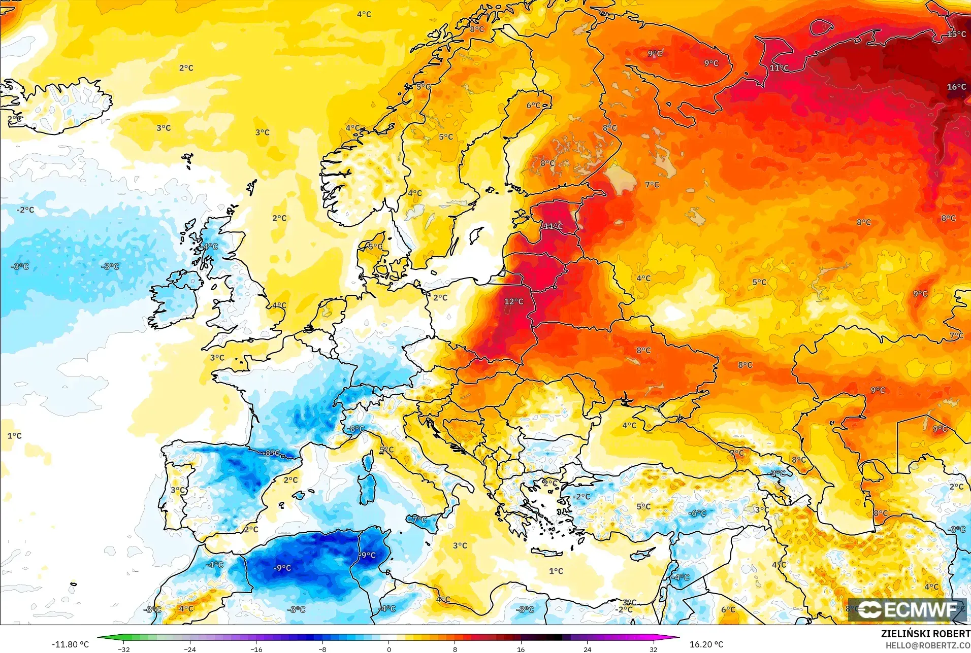 ECMWF IFS 0,25° modelo - Europa, Anomalia de temperatura a 2 m