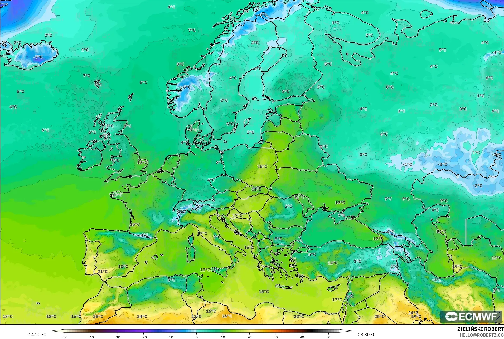 ECMWF IFS 0,25° modelo - Europa, Temperatura a 2 m