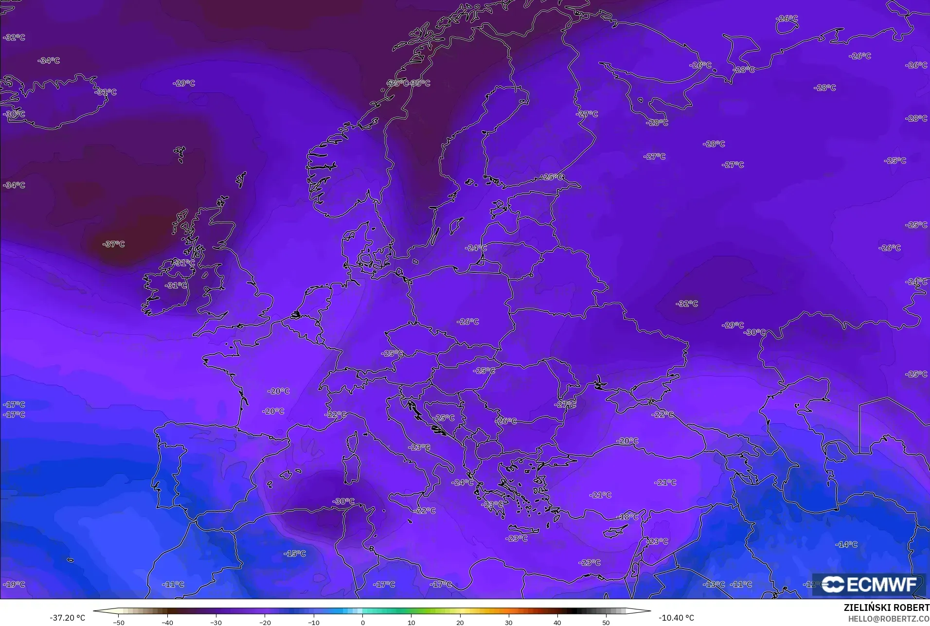ECMWF IFS 0,25° modelo - Europa, Temperatura a 500 hPa