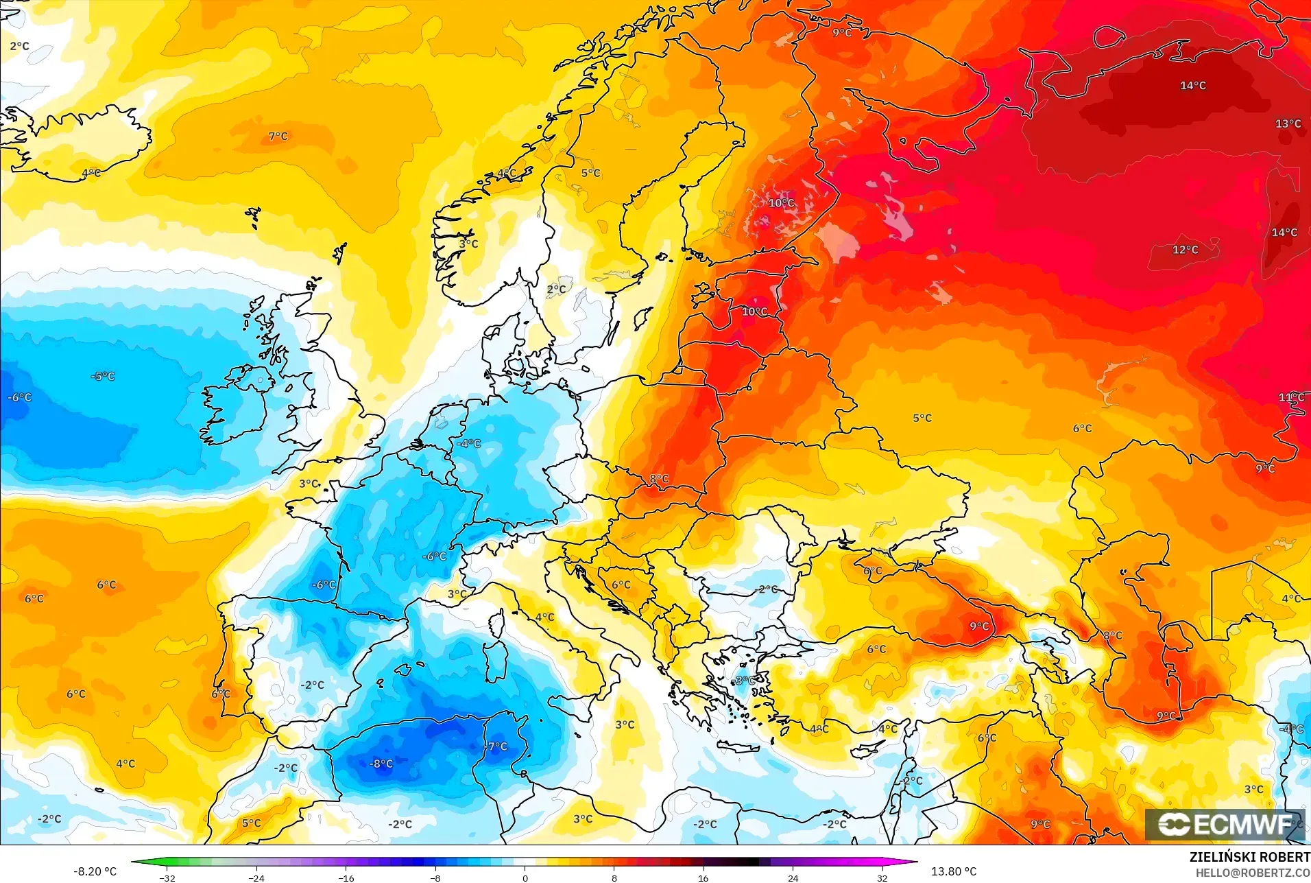 ECMWF IFS 0,25° modelo - Europa, Anomalia de temperatura a 850 hPa