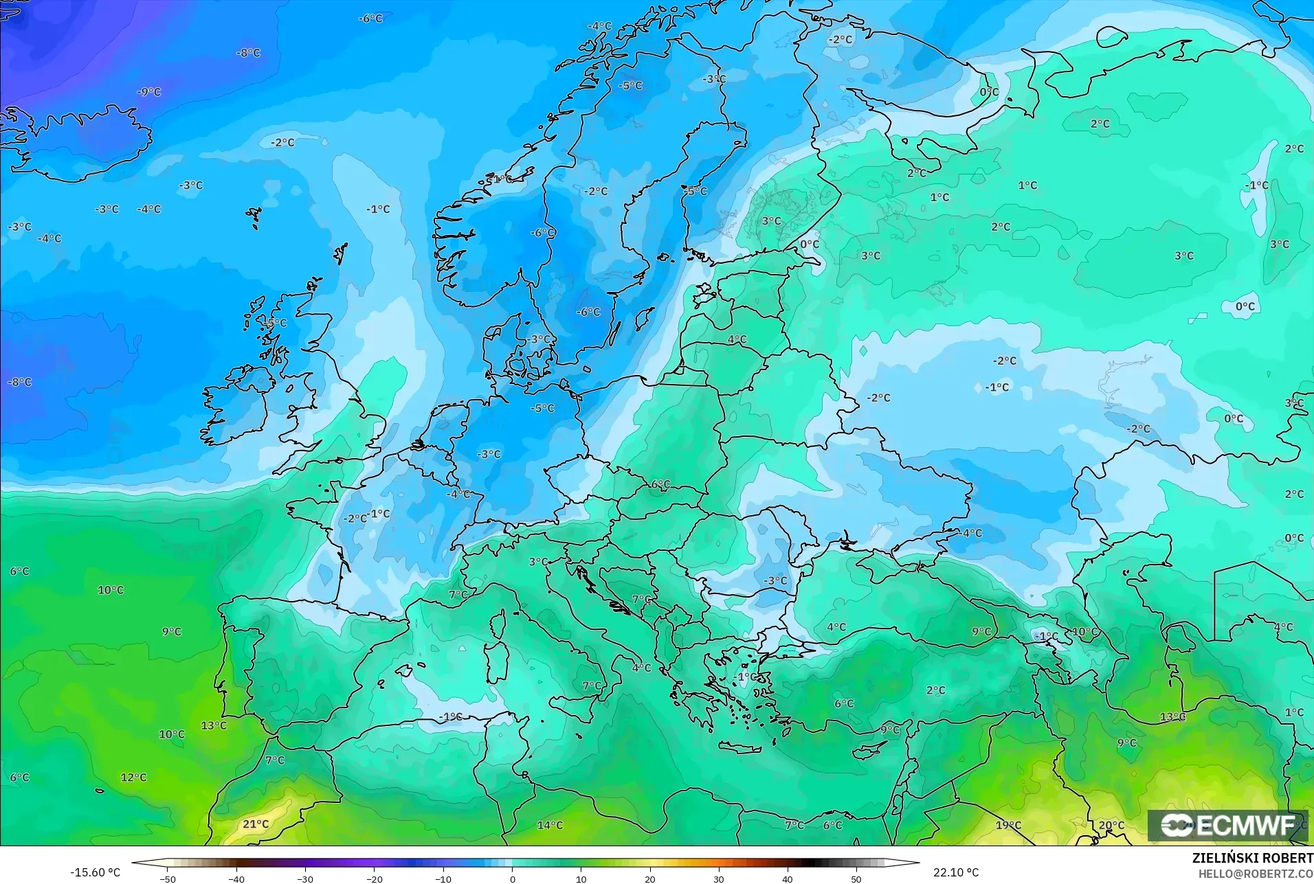 ECMWF IFS 0,25° modelo - Europa, Temperatura a 850 hPa