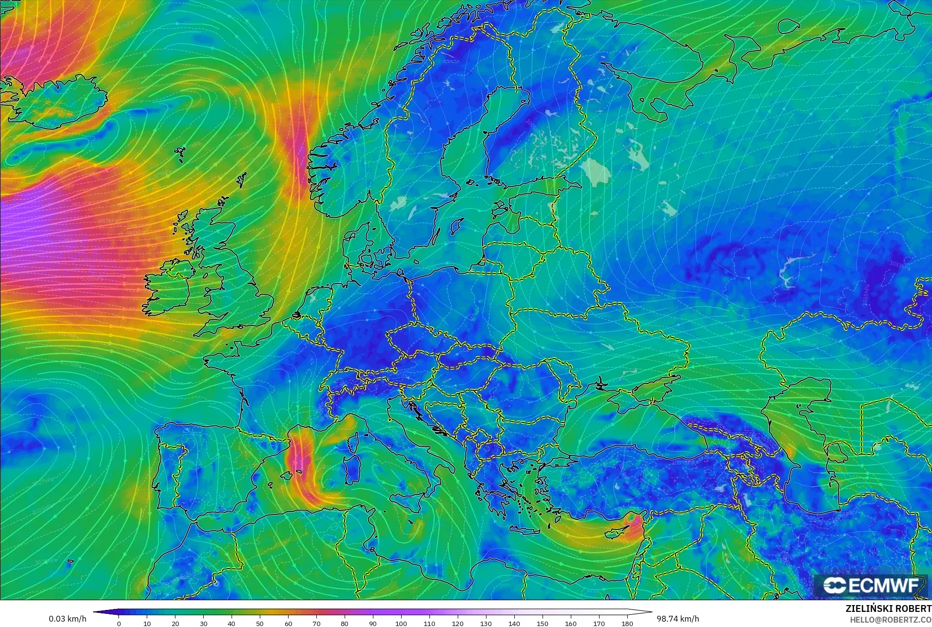 ECMWF IFS 0,25° modelo - Europa, Vento a 10 m