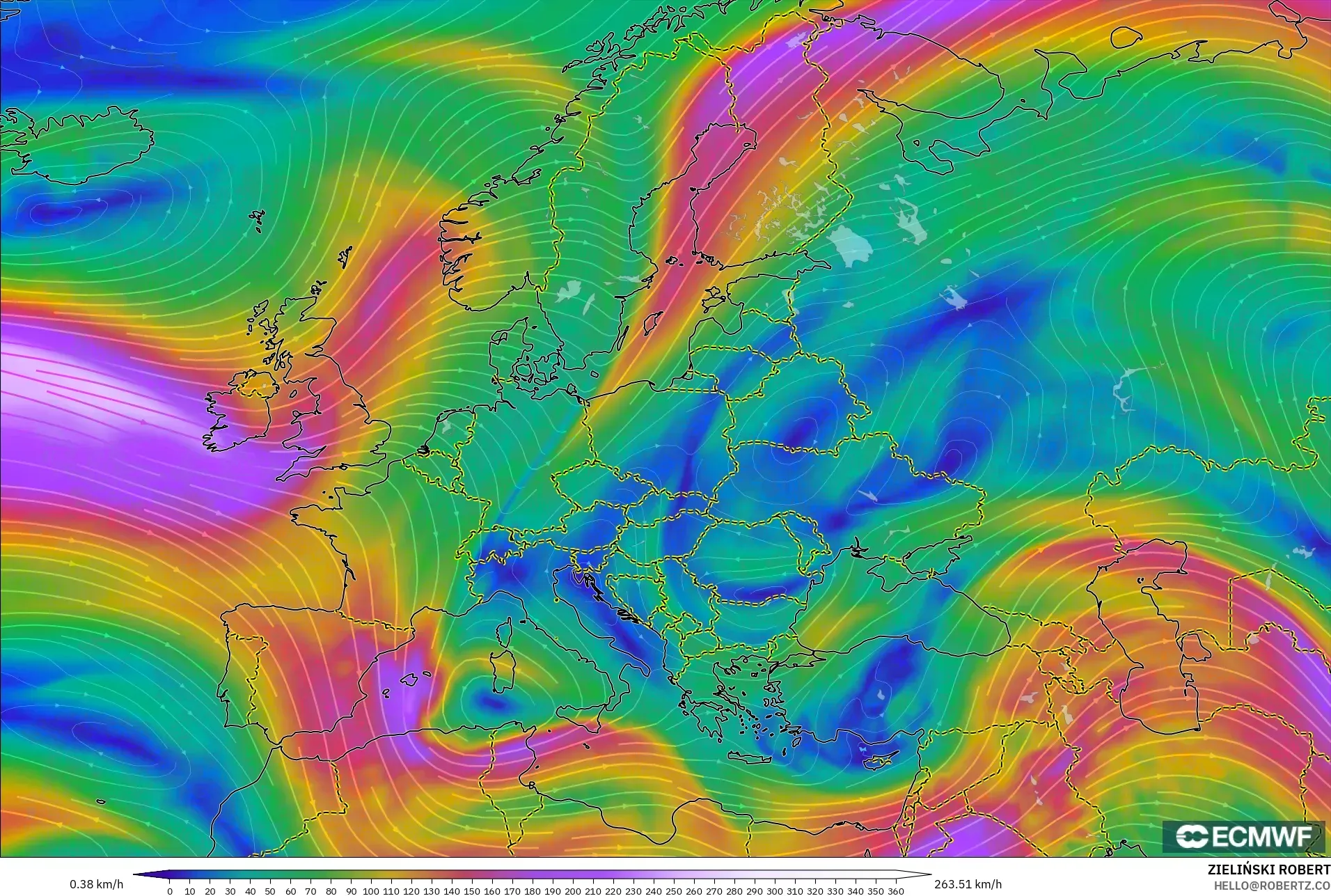 ECMWF IFS 0,25° modelo - Europa, Vento a 300 hPa (corrente em jato)