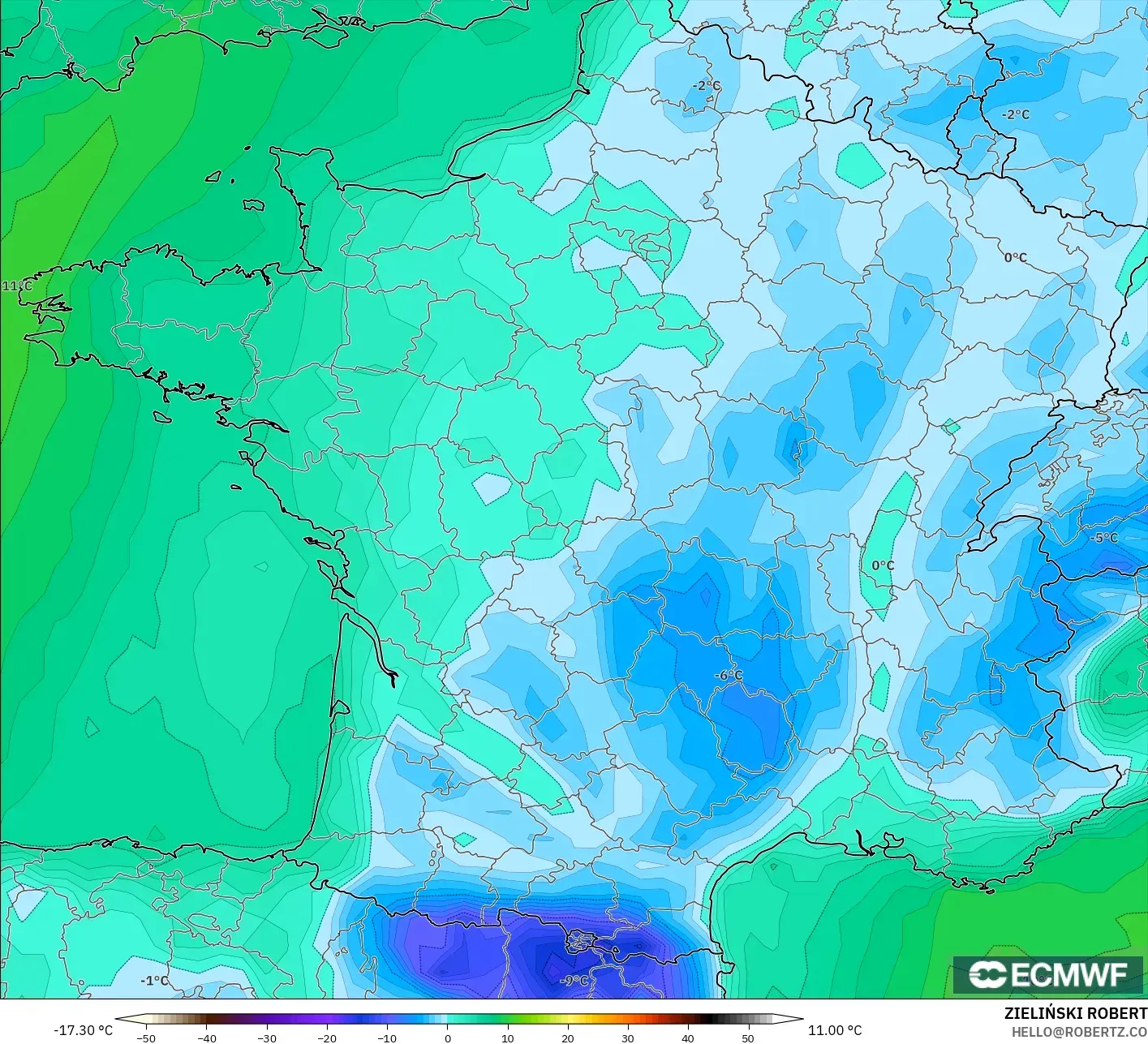ECMWF IFS 0,25° modelo - França, Ponto de orvalho a 2 m