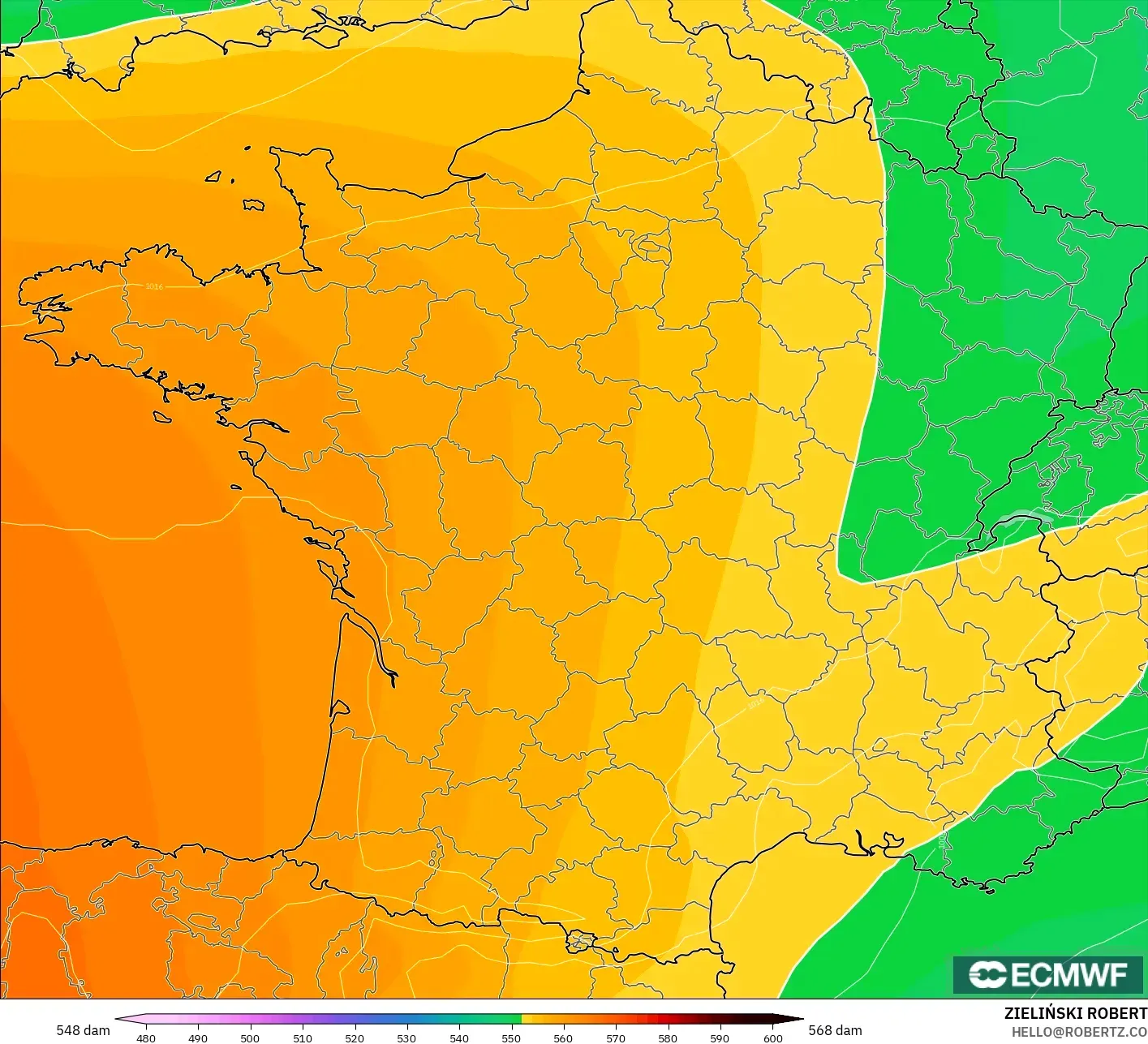 ECMWF IFS 0,25° modelo - França, Altura geopotencial a 500 hPa