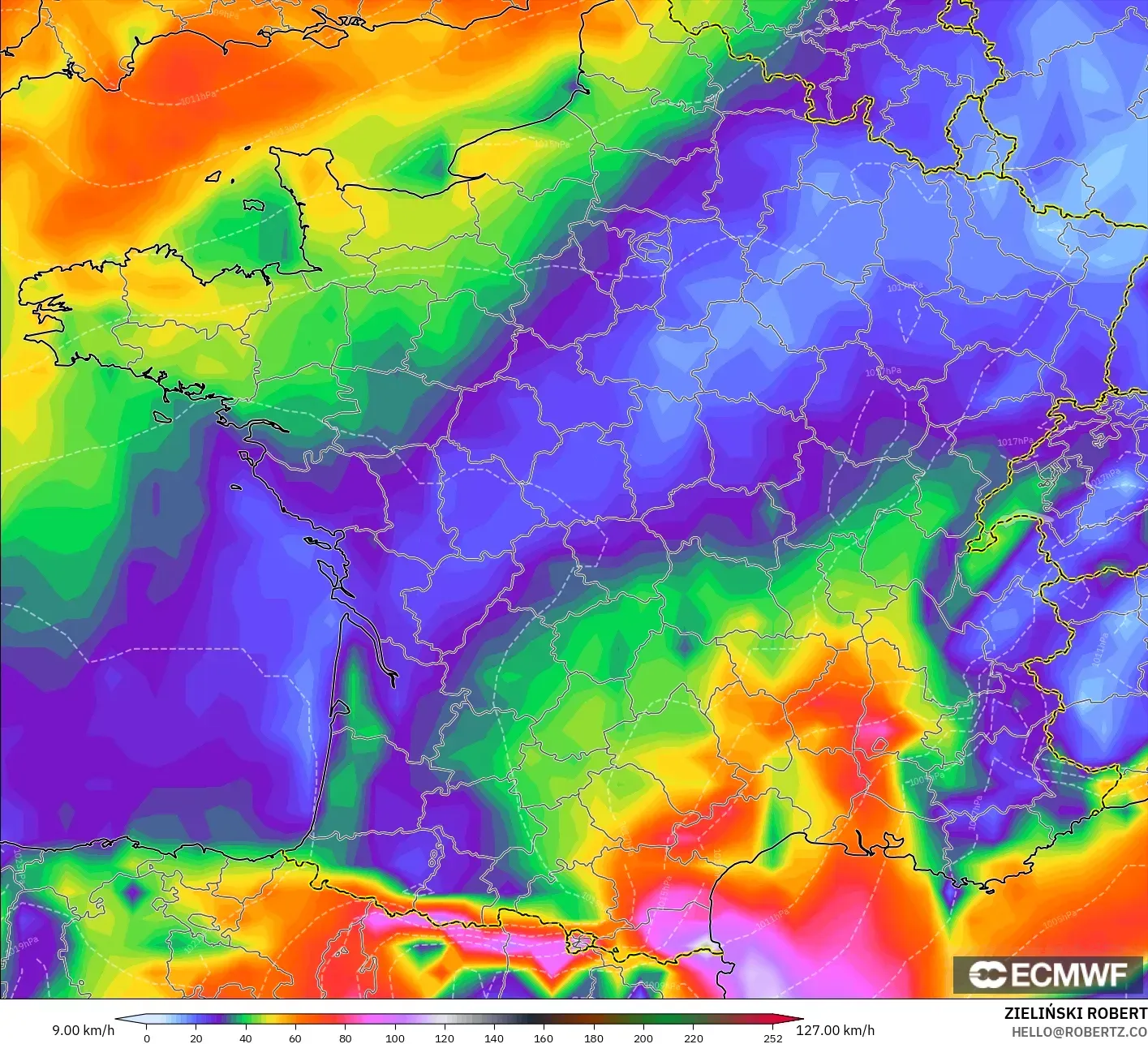 ECMWF IFS 0,25° modelo - França, Rajadas de vento