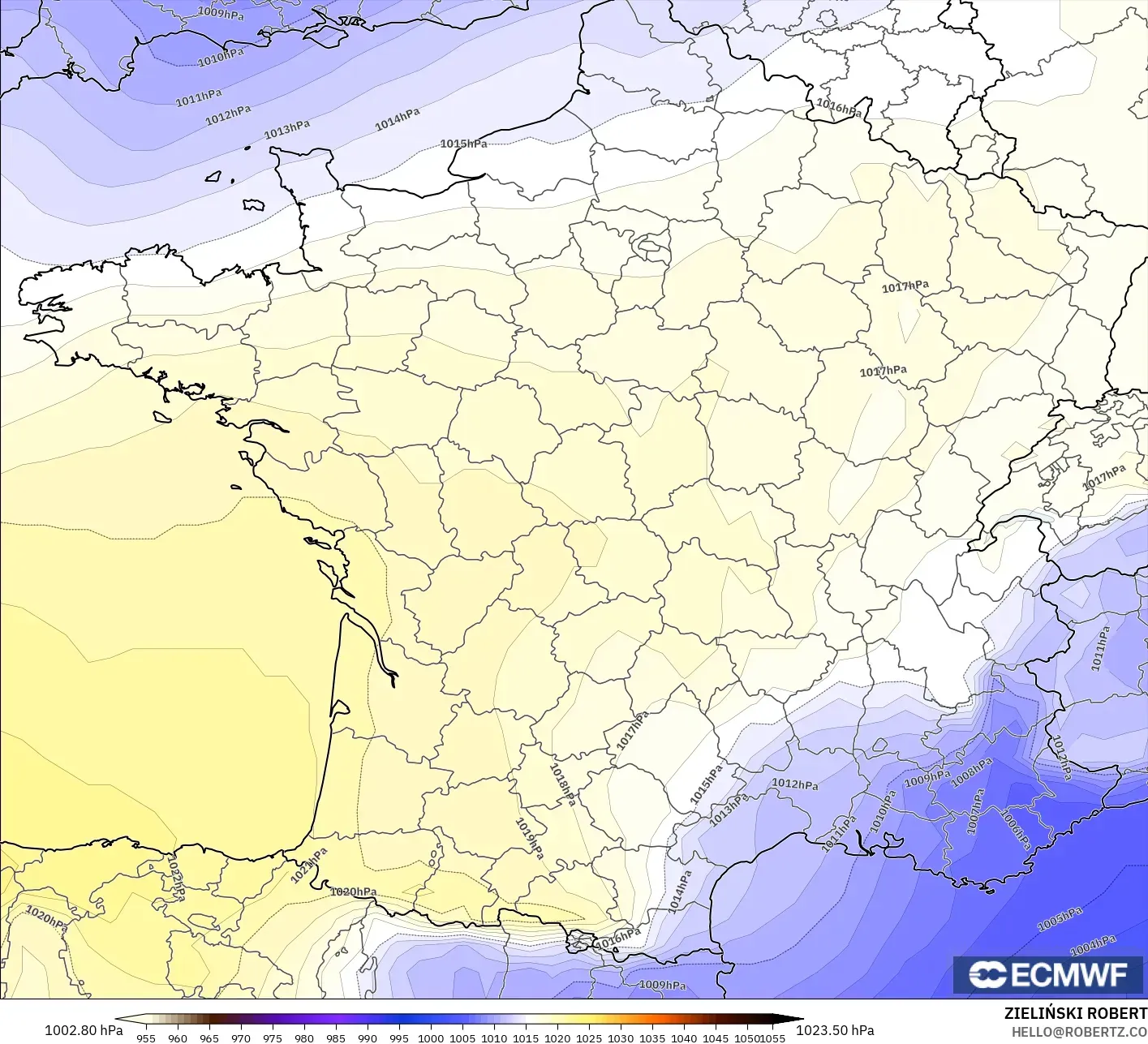 ECMWF IFS 0,25° modelo - França, Pressão