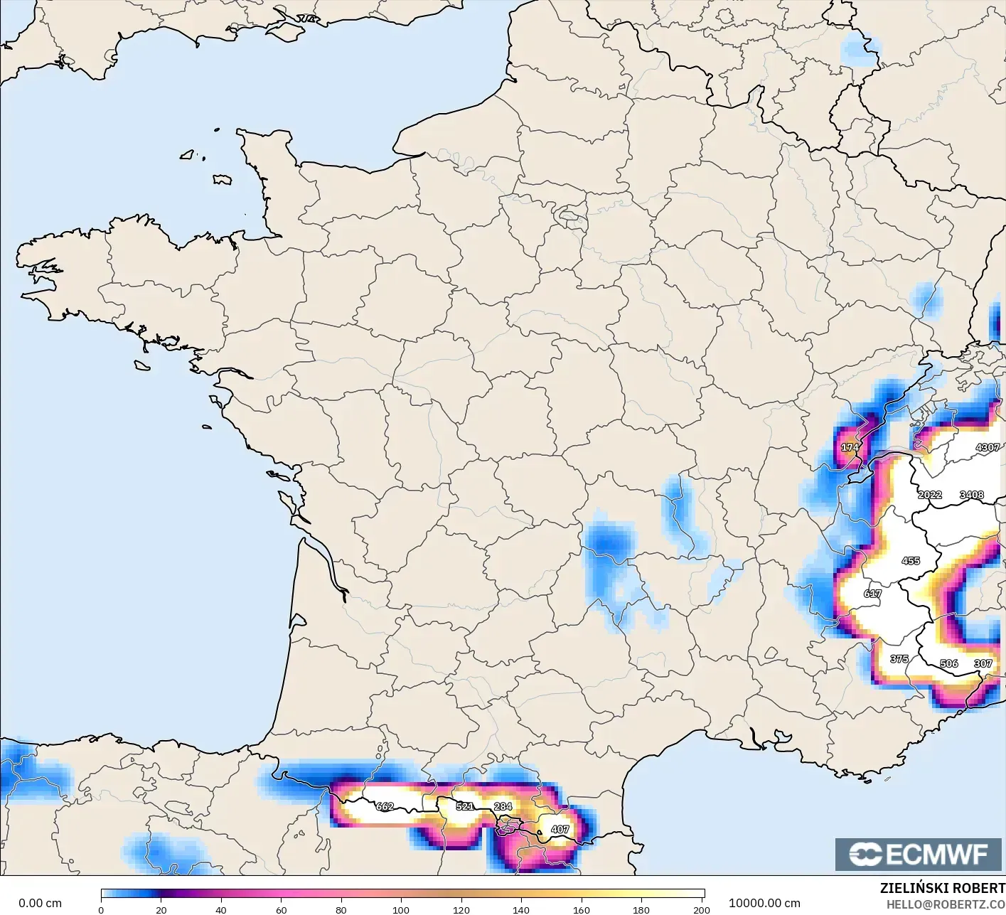 ECMWF IFS 0,25° modelo - França, Profundidade da neve