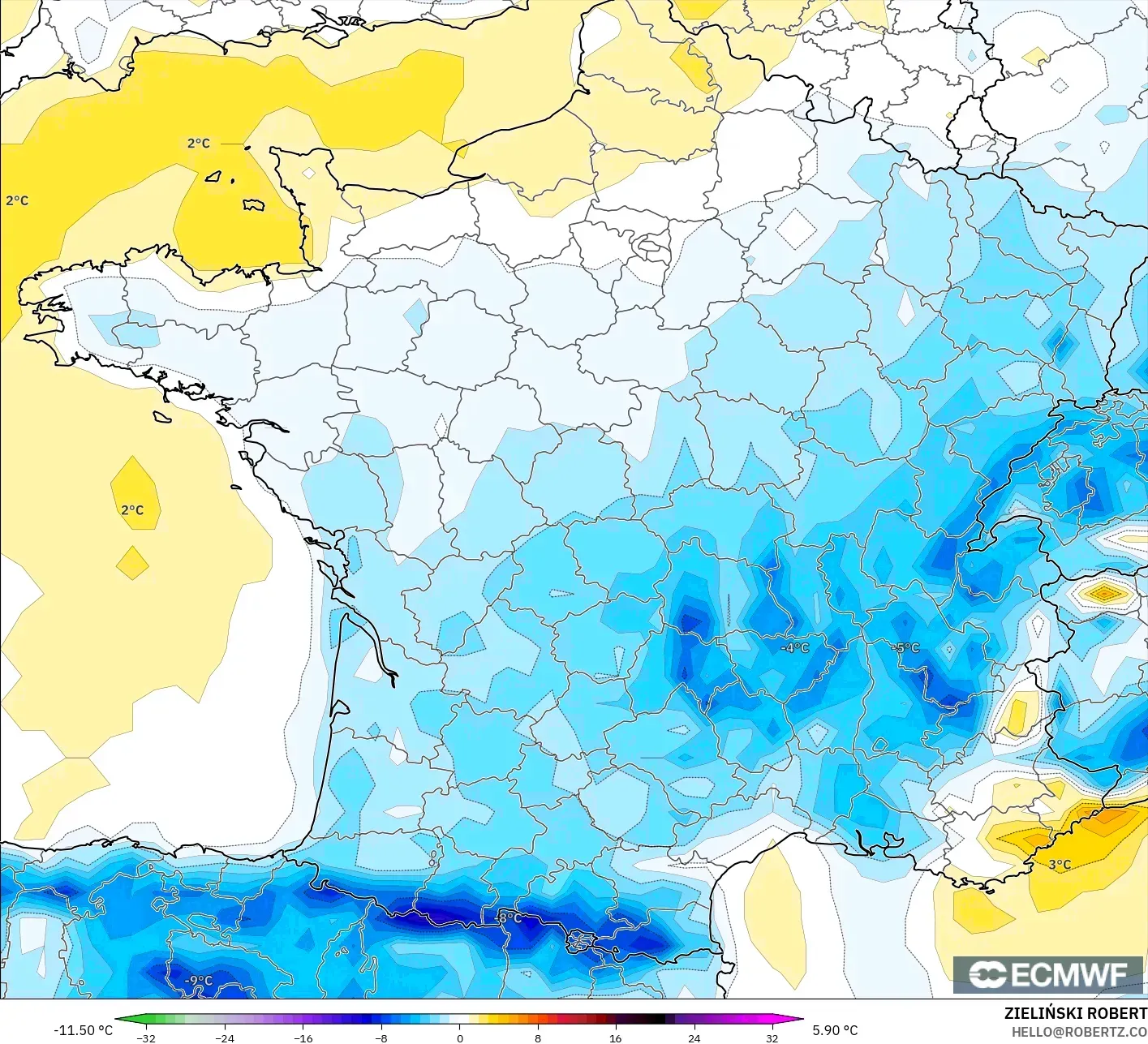 ECMWF IFS 0,25° modelo - França, Anomalia de temperatura a 2 m