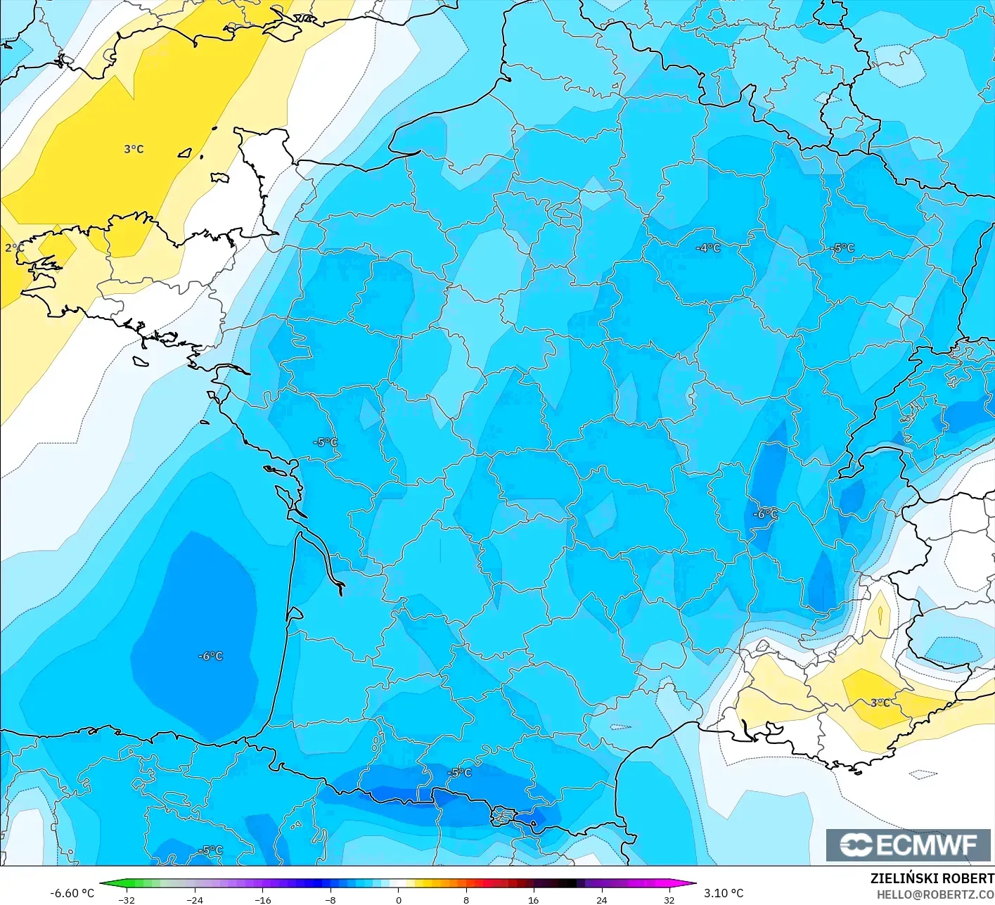 ECMWF IFS 0,25° modelo - França, Anomalia de temperatura a 850 hPa