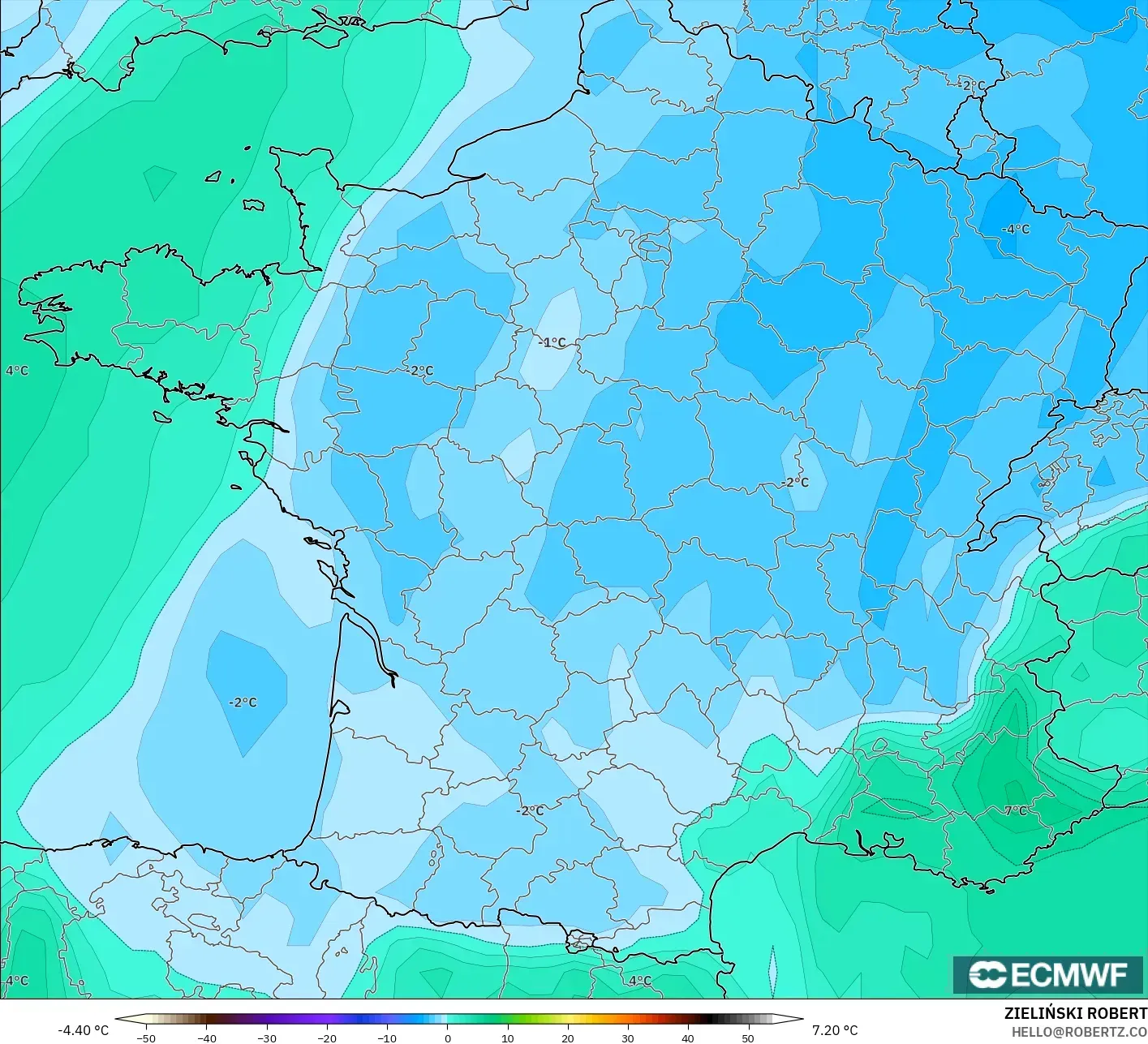 ECMWF IFS 0,25° modelo - França, Temperatura a 850 hPa