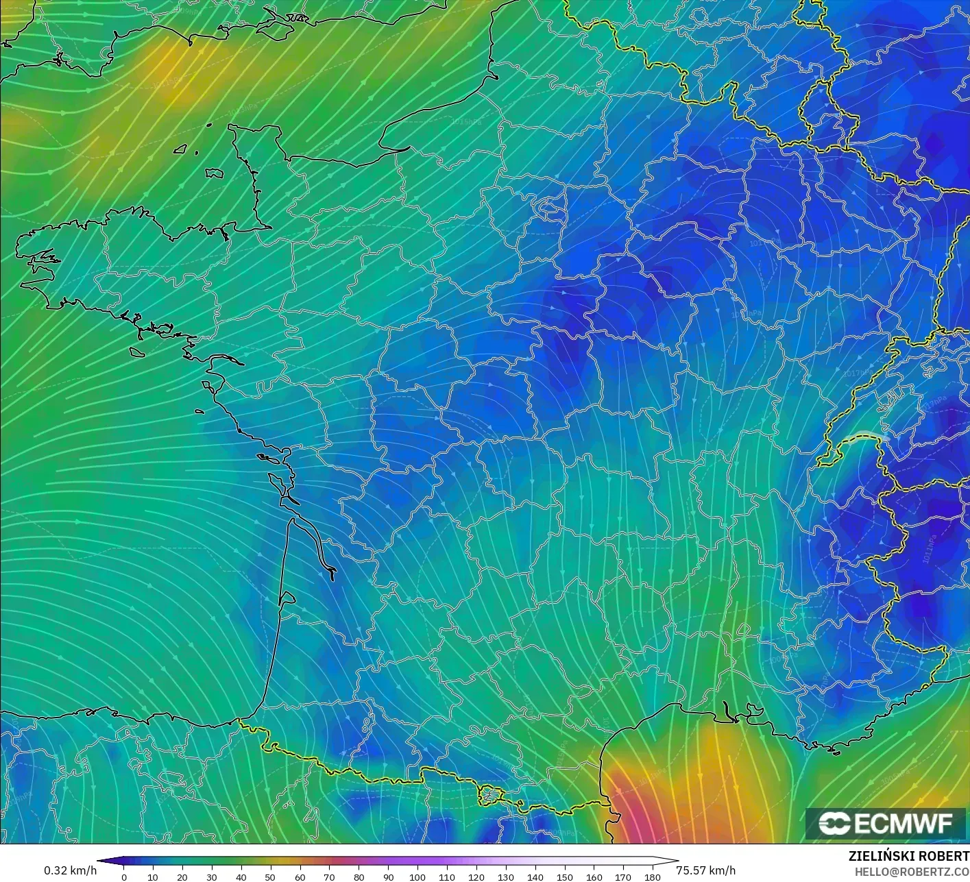 ECMWF IFS 0,25° modelo - França, Vento a 10 m